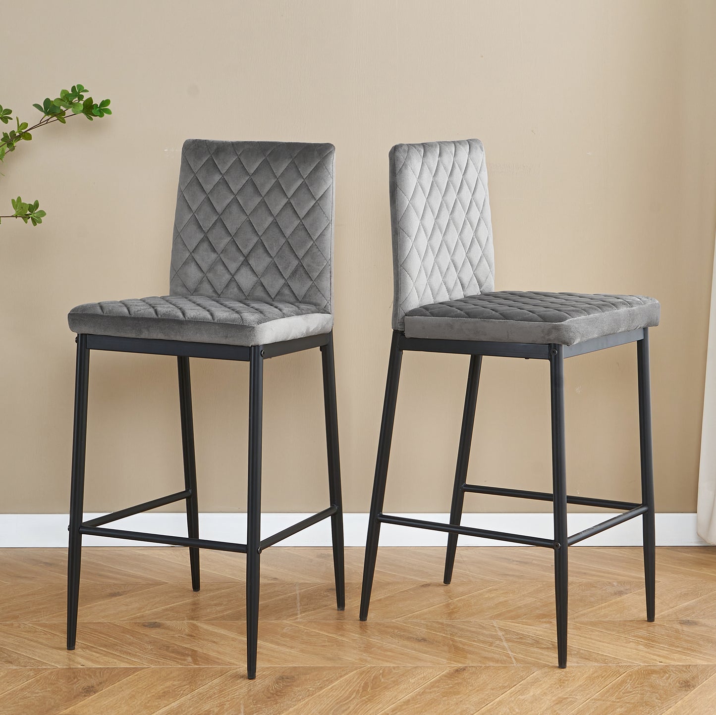 SYNGAR Modern Bar Stools Set of 2, Fabric Bar Chair with Metal Legs, Counter Height Bar Stools, Bar Chairs for Kitchen Bars Restaurants, Contemporary Tufted Barstools Set, Gray