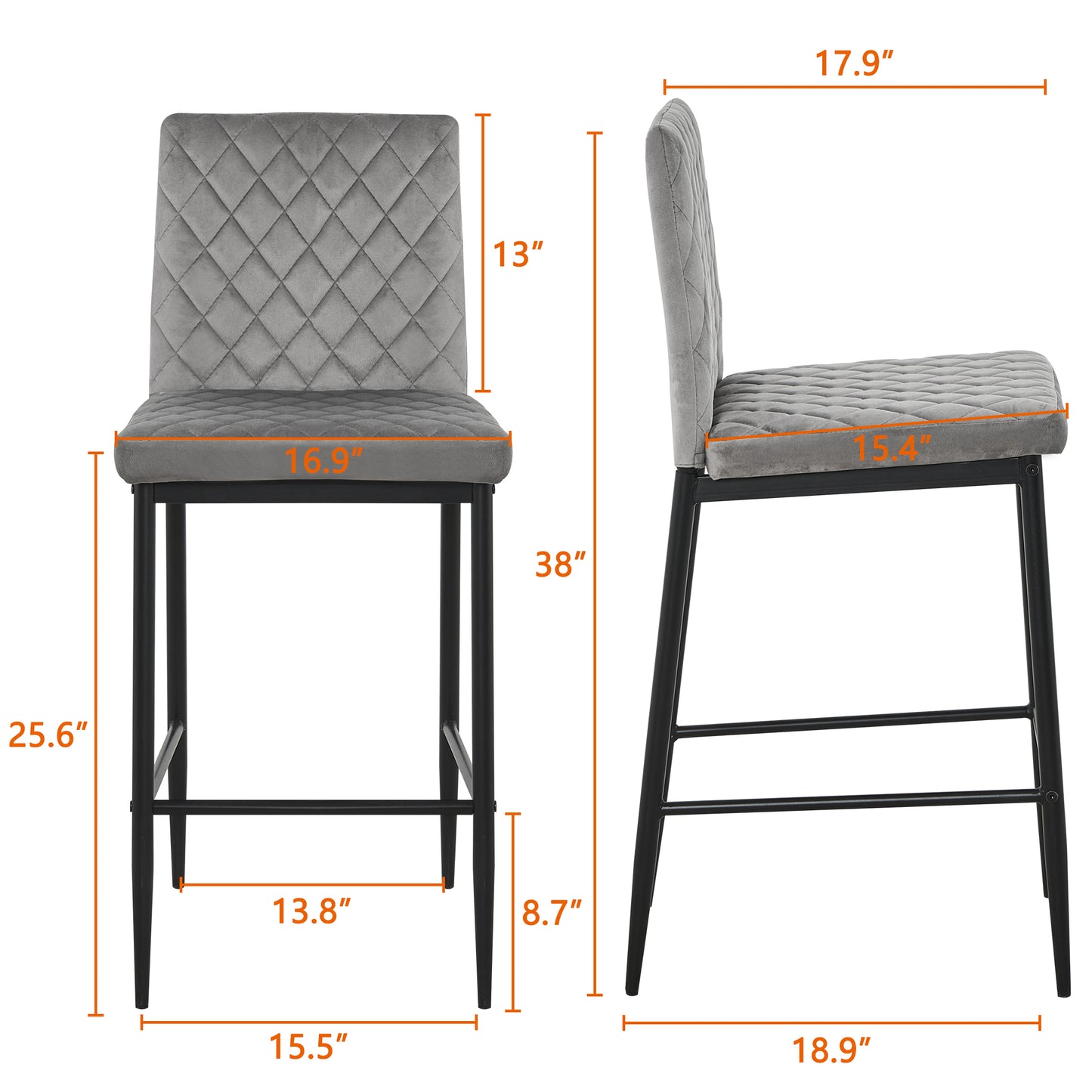 SYNGAR Modern Bar Stools Set of 2, Fabric Bar Chair with Metal Legs, Counter Height Bar Stools, Bar Chairs for Kitchen Bars Restaurants, Contemporary Tufted Barstools Set, Gray