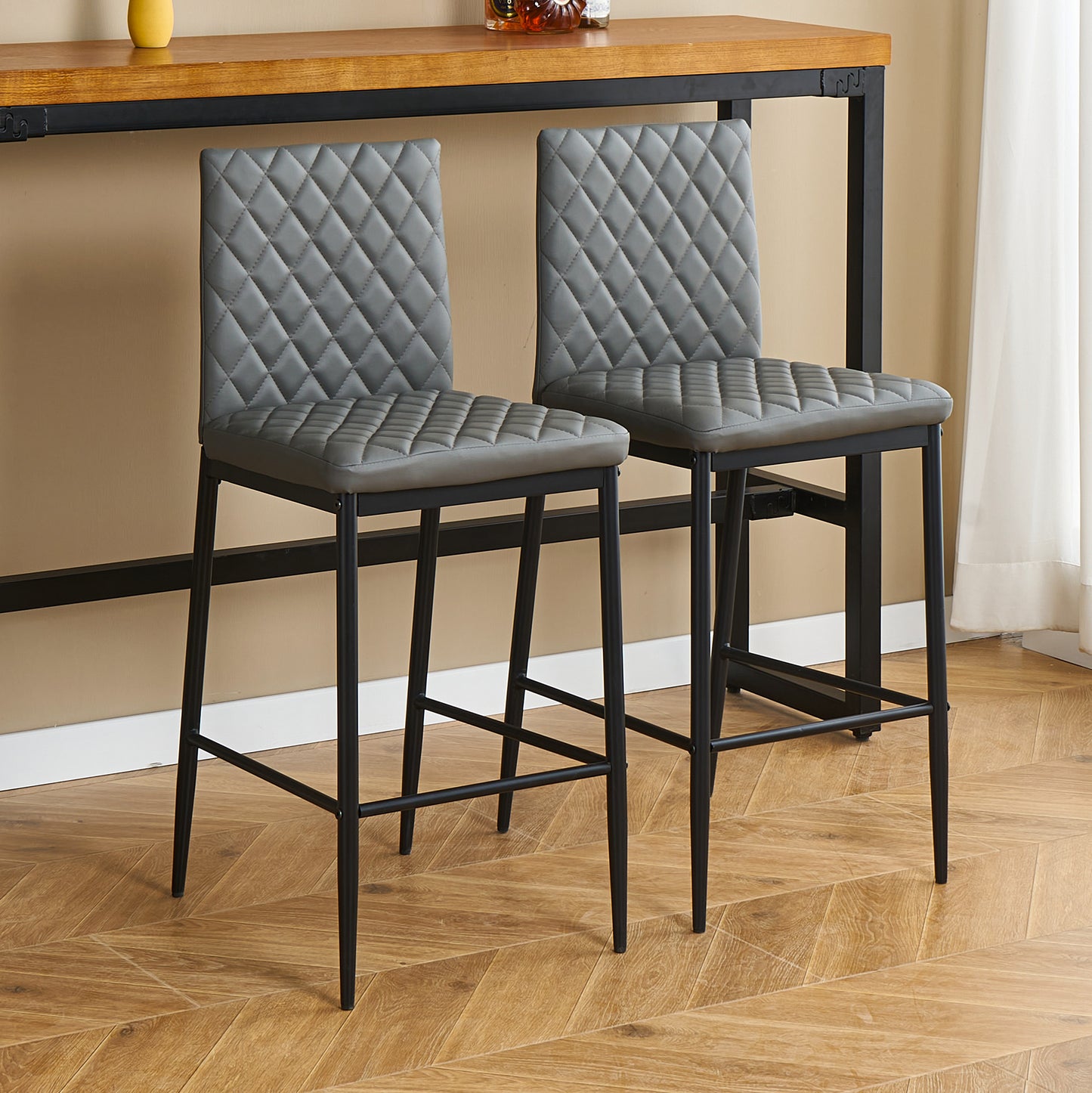 SYNGAR Modern Bar Stools Set of 2, Fabric Bar Chair with Metal Legs, Counter Height Bar Stools, Bar Chairs for Kitchen Bars Restaurants, Contemporary Tufted Barstools Set, Gray