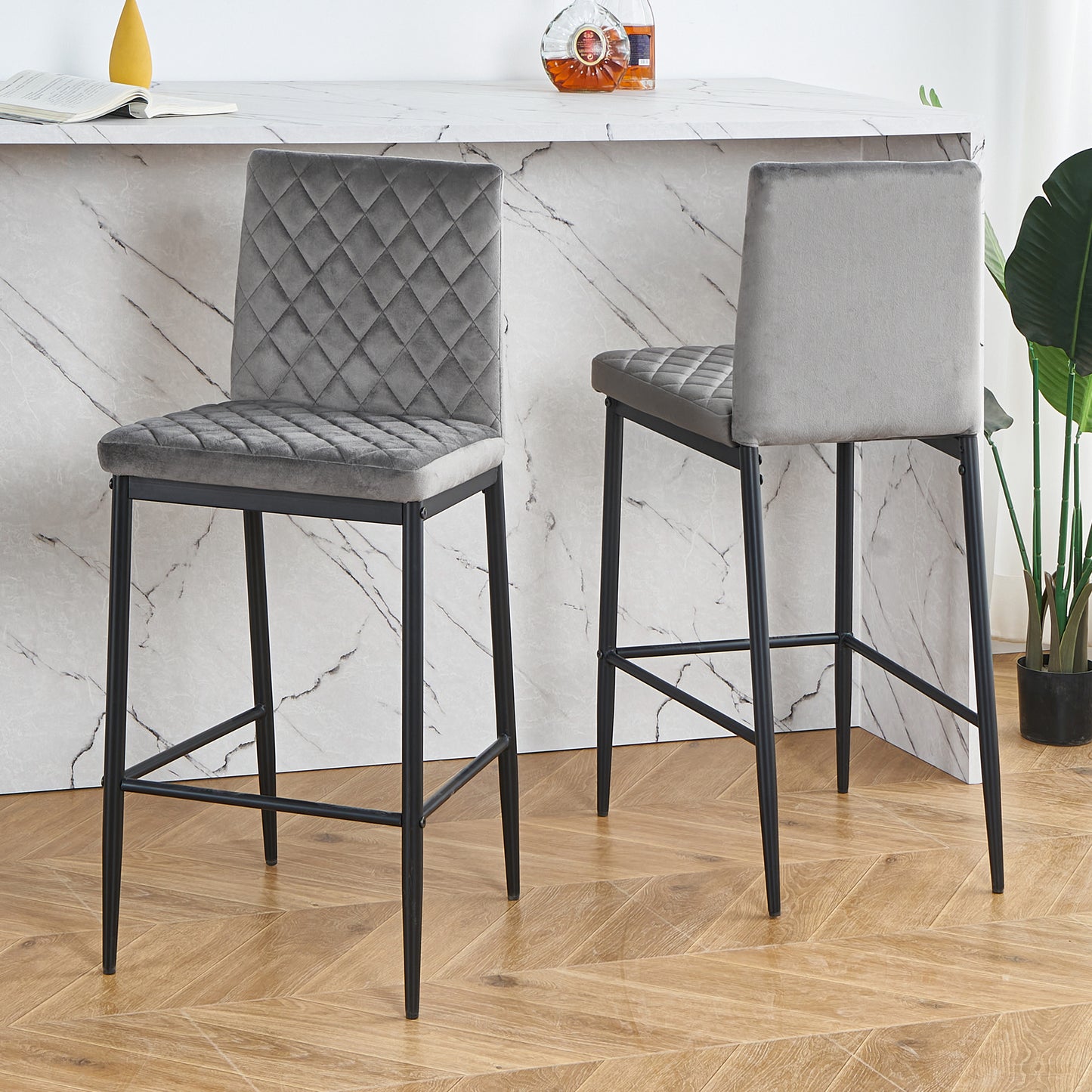 SYNGAR Modern Bar Stools Set of 2, Fabric Bar Chair with Metal Legs, Counter Height Bar Stools, Bar Chairs for Kitchen Bars Restaurants, Contemporary Tufted Barstools Set, Gray