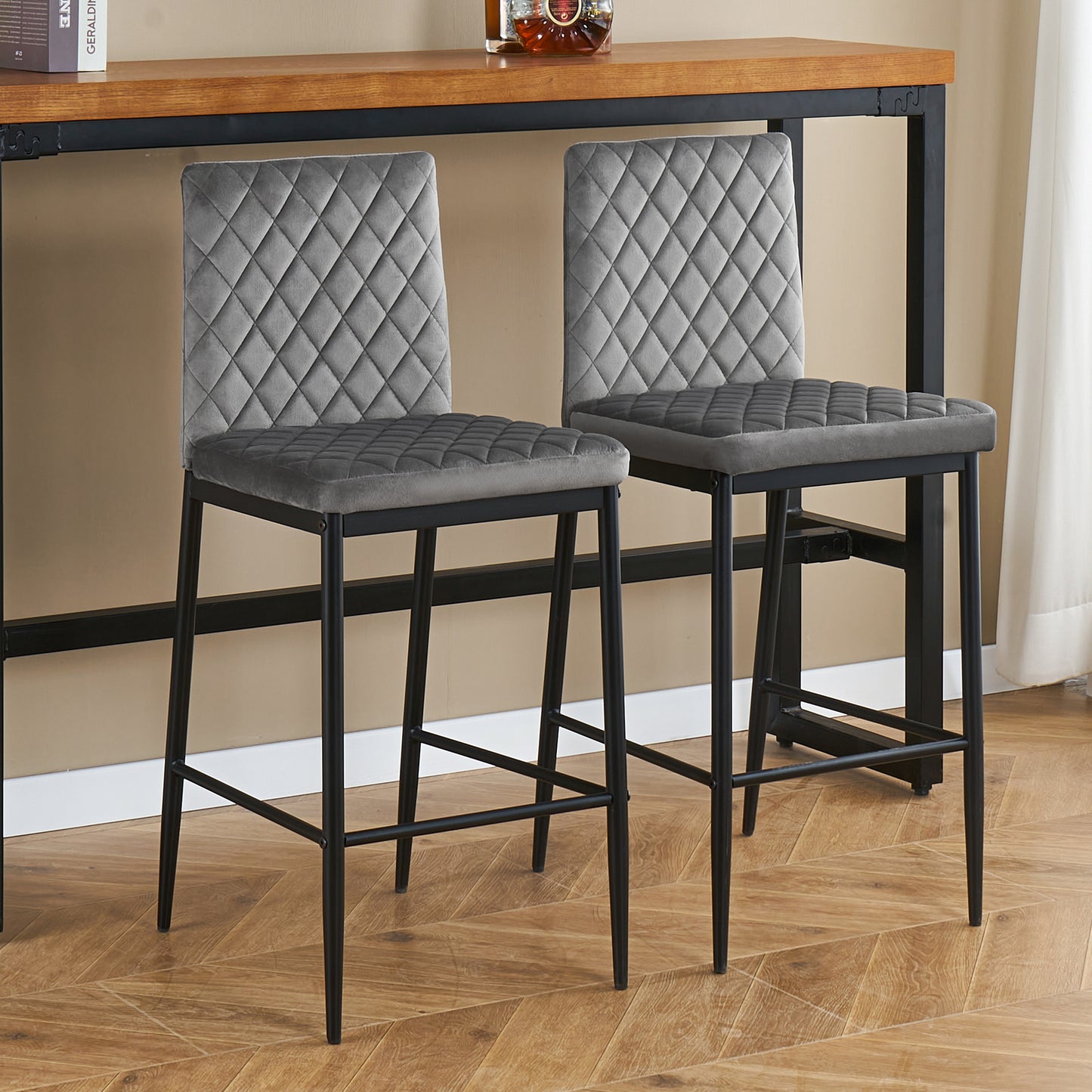 SYNGAR Modern Bar Stools Set of 2, Fabric Bar Chair with Metal Legs, Counter Height Bar Stools, Bar Chairs for Kitchen Bars Restaurants, Contemporary Tufted Barstools Set, Gray