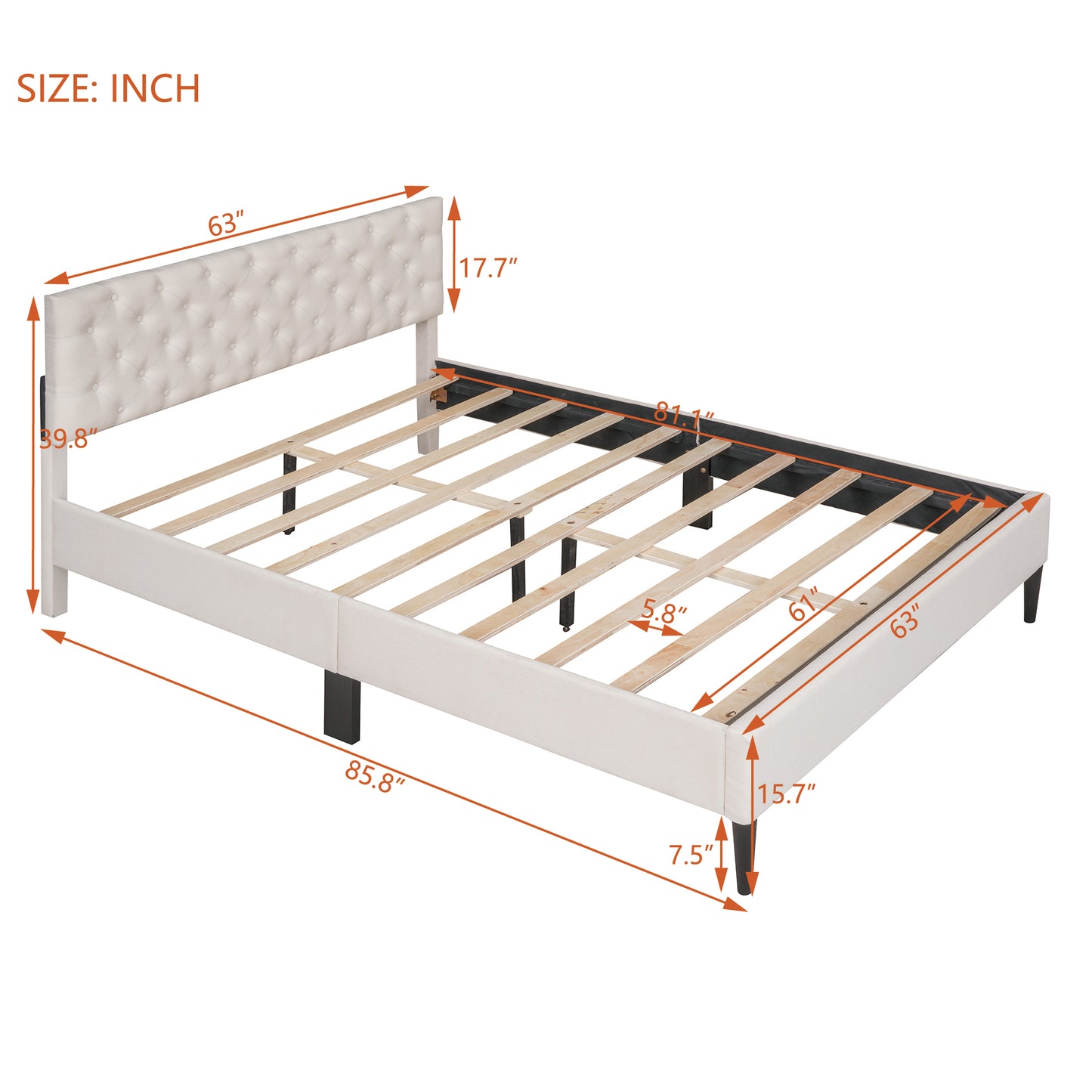 SYNGAR Beige Upholstered Fabric Platform Bed Frame Queen Size with Elegant Headboard, Metal Frame Bedroom Furniture with Strong Wooden Slat Support