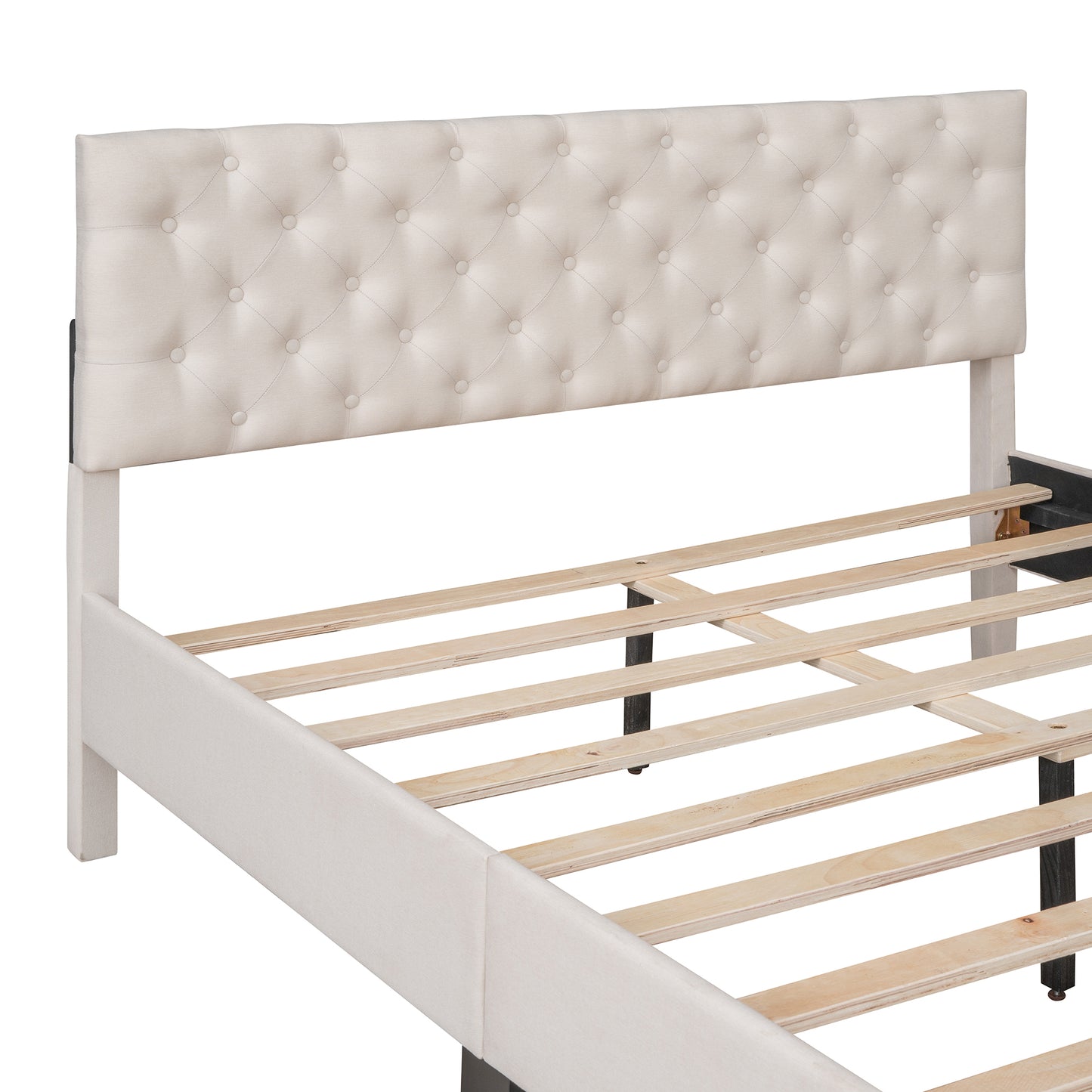 SYNGAR Beige Upholstered Fabric Platform Bed Frame Queen Size with Elegant Headboard, Metal Frame Bedroom Furniture with Strong Wooden Slat Support