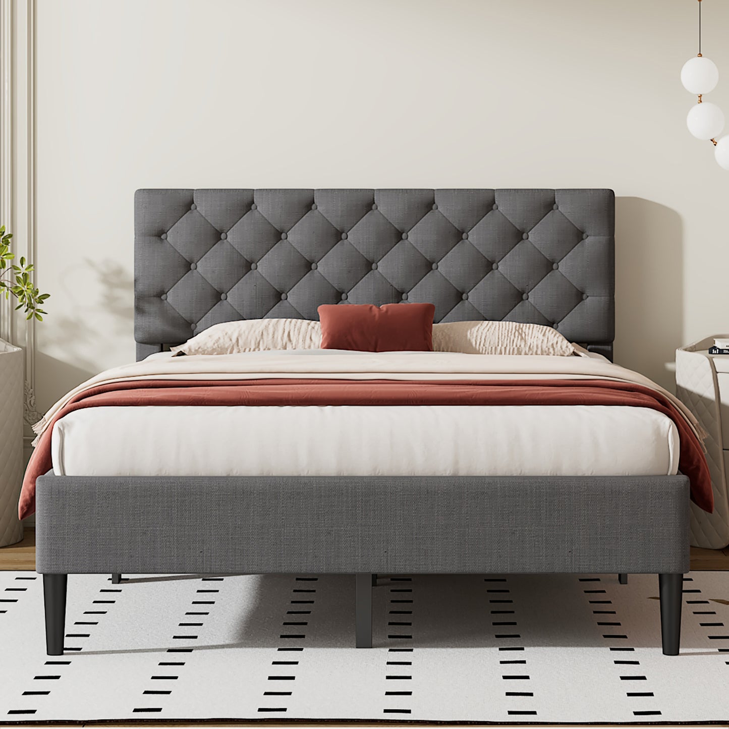 SYNGAR Beige Upholstered Fabric Platform Bed Frame Queen Size with Elegant Headboard, Metal Frame Bedroom Furniture with Strong Wooden Slat Support