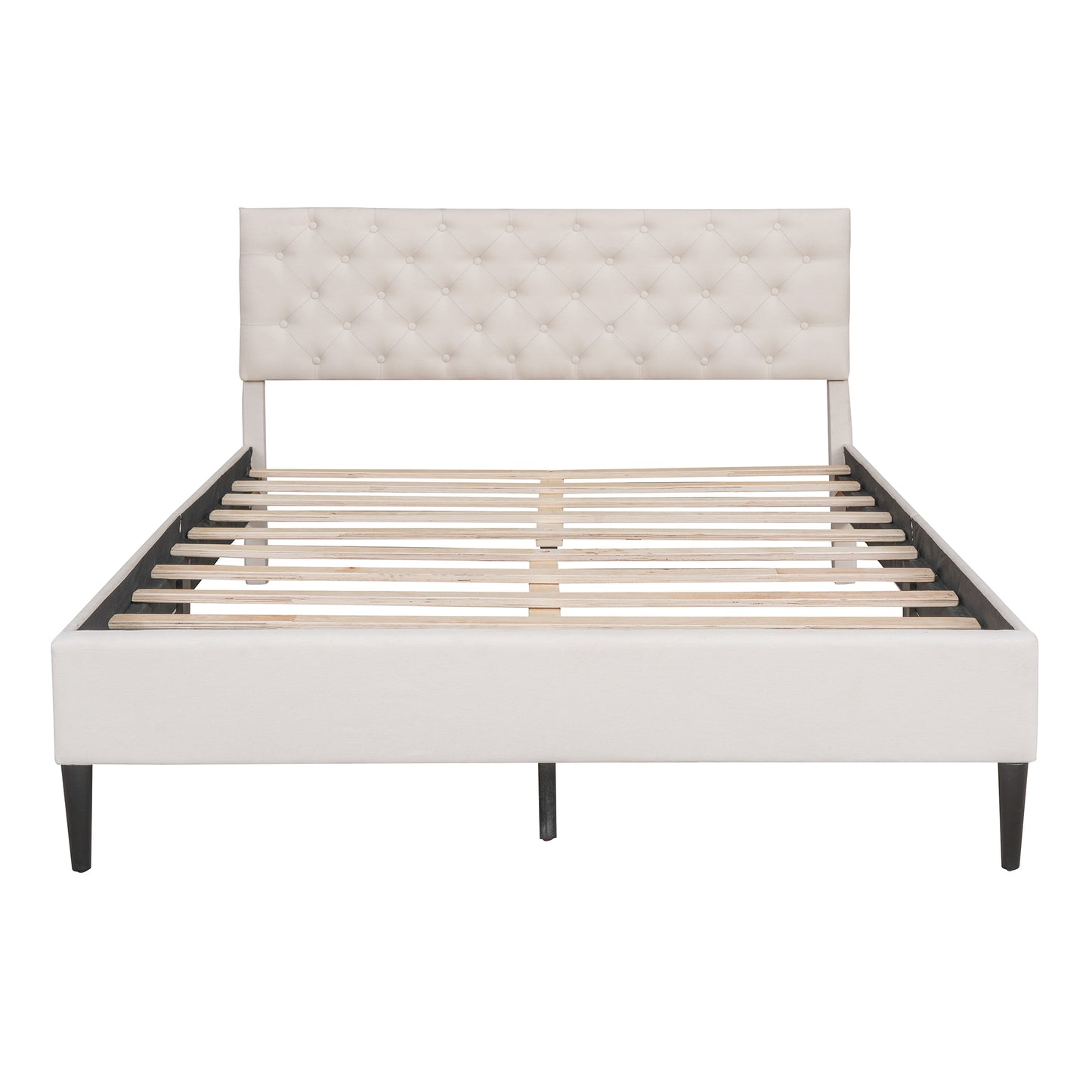 SYNGAR Beige Upholstered Fabric Platform Bed Frame Queen Size with Elegant Headboard, Metal Frame Bedroom Furniture with Strong Wooden Slat Support