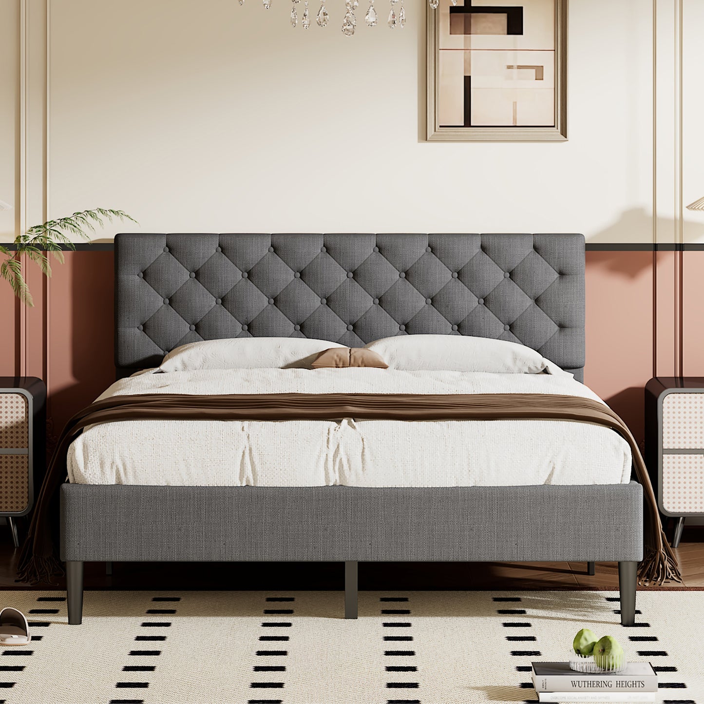 SYNGAR Beige Upholstered Fabric Platform Bed Frame Queen Size with Elegant Headboard, Metal Frame Bedroom Furniture with Strong Wooden Slat Support