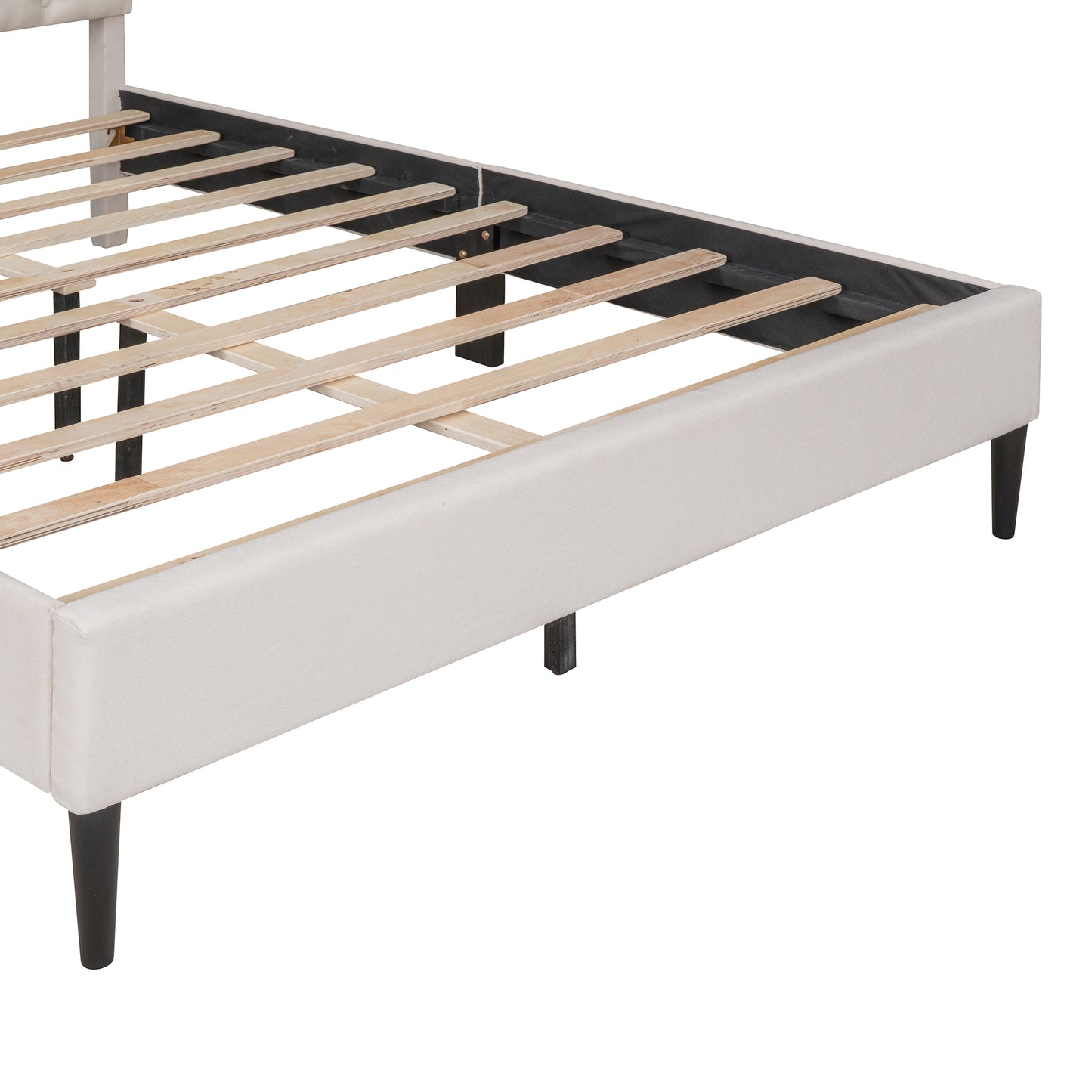 SYNGAR Beige Upholstered Fabric Platform Bed Frame Queen Size with Elegant Headboard, Metal Frame Bedroom Furniture with Strong Wooden Slat Support