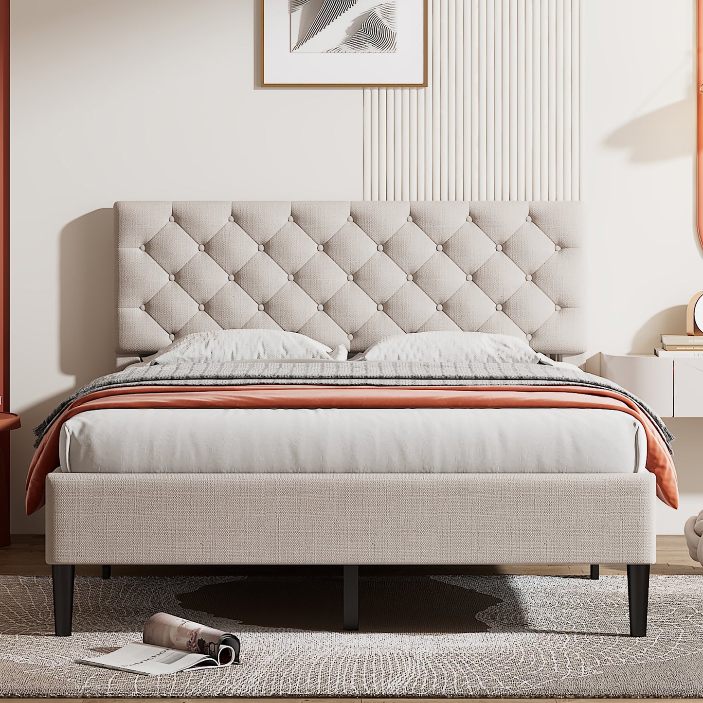 SYNGAR Beige Upholstered Fabric Platform Bed Frame Queen Size with Elegant Headboard, Metal Frame Bedroom Furniture with Strong Wooden Slat Support