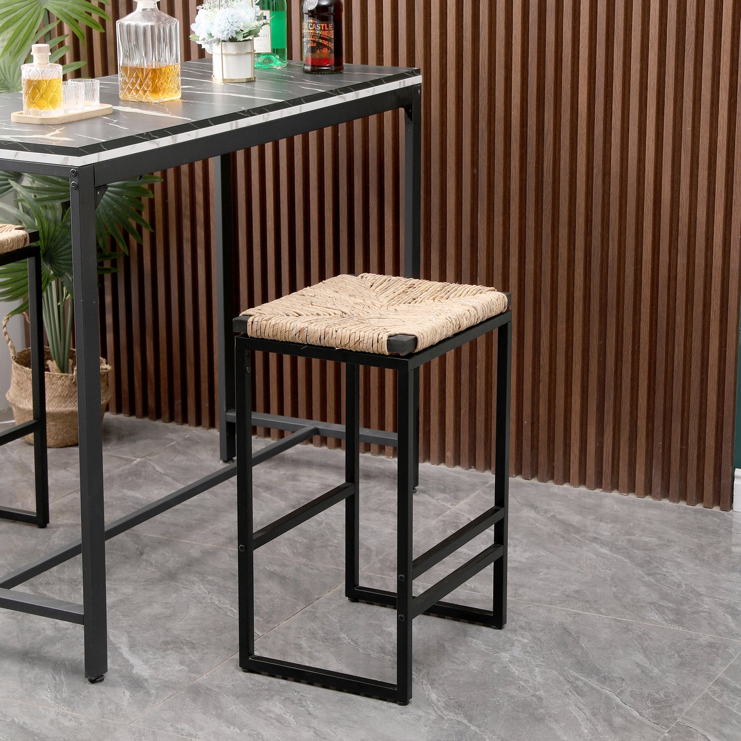 Syngar Bar Stools Set Of 2, Modern Bar Stools with Water Hyacinth Woven Seat, Indoor Backless Counter Height Bar Stools with Metal Leg and Footrest, Bar Height Stools for Kitchen, Cafe, living Room