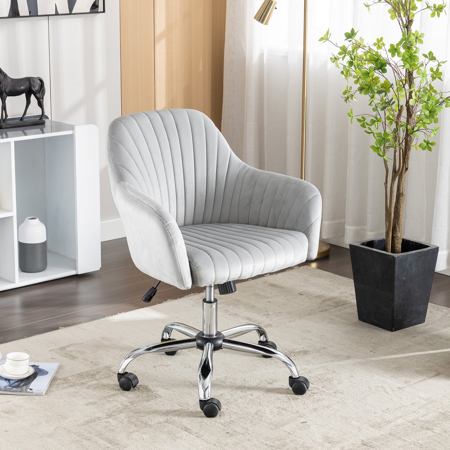 SYNGAR Home Office Desk Chairs, Computer Desk Chair Modern Leisure Chair Velvet Chair with Adjustable Height, Comfortable Swivel Rolling Chair for Office Study Bedroom Living Room, Light Gray