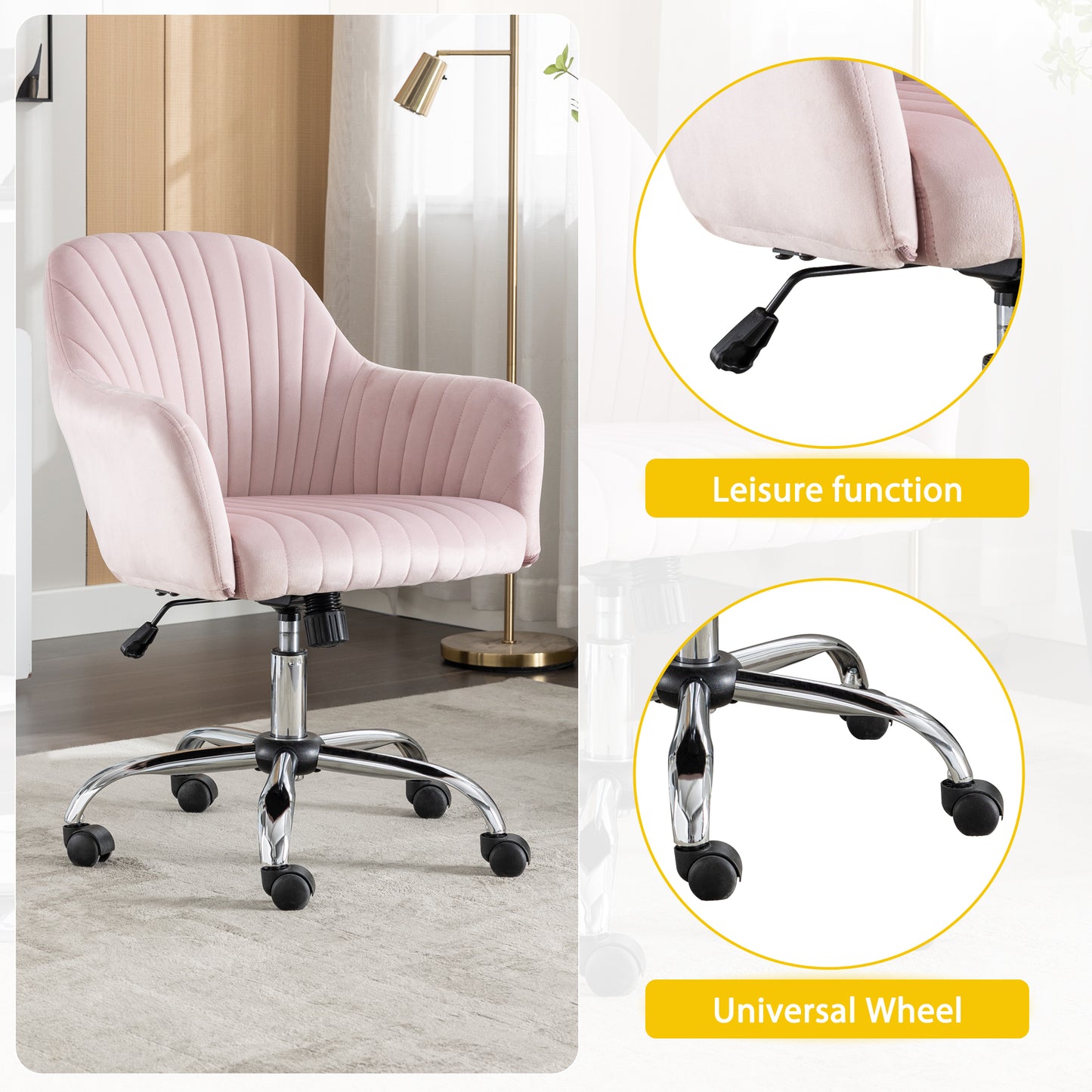 SYNGAR Office Desk Chair with Adjustable Height, Modern Arms Chair Office Chair Mid Back Soft Velvet Swivel Computer Home Task Chairs Ergonomic Executive Chair with Armrests, Pink