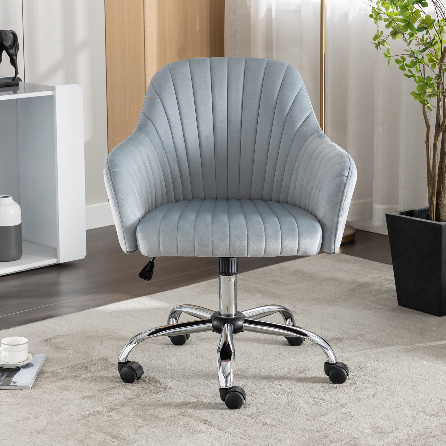 SYNGAR Office Desk Chair with Adjustable Height, Modern Arms Chair Office Chair Mid Back Soft Velvet Swivel Computer Home Task Chairs Ergonomic Executive Chair with Armrests, Light Gray