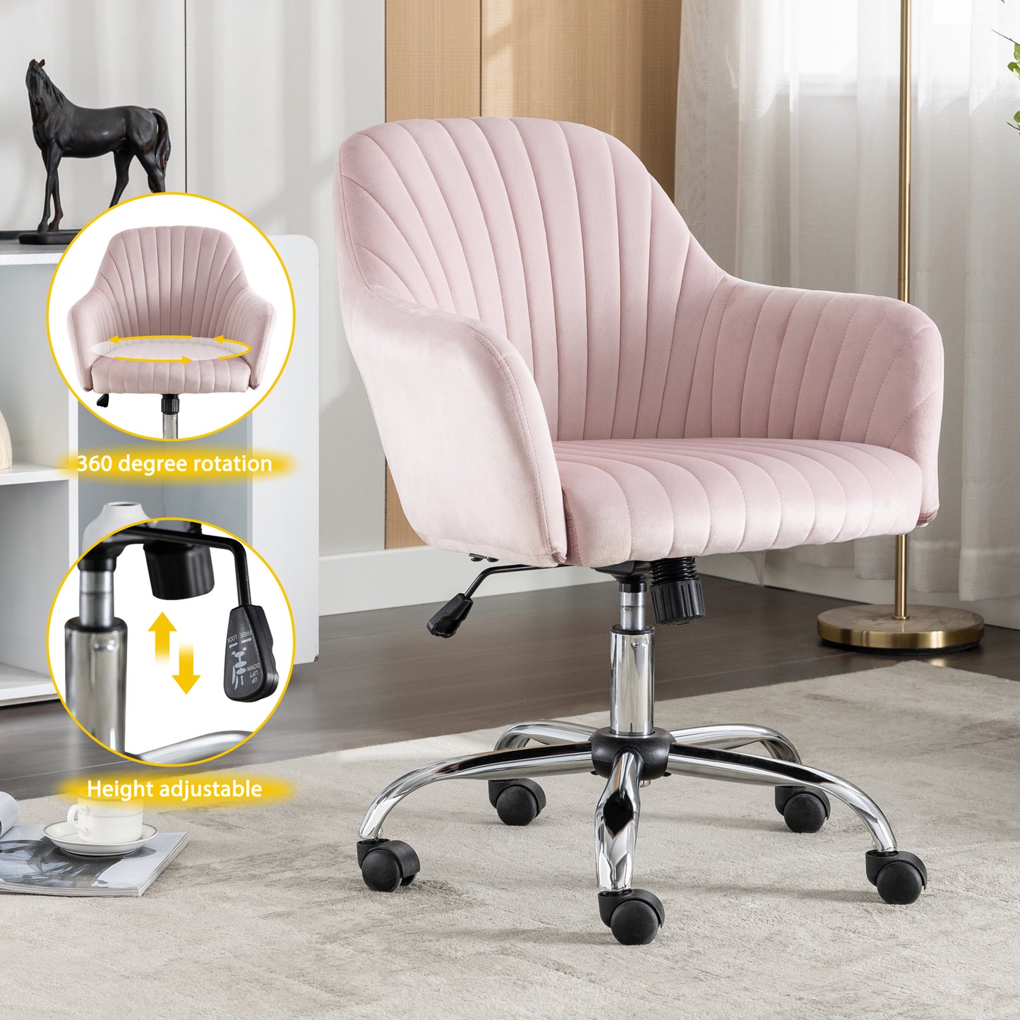 SYNGAR Office Desk Chair with Adjustable Height, Modern Arms Chair Office Chair Mid Back Soft Velvet Swivel Computer Home Task Chairs Ergonomic Executive Chair with Armrests, Pink