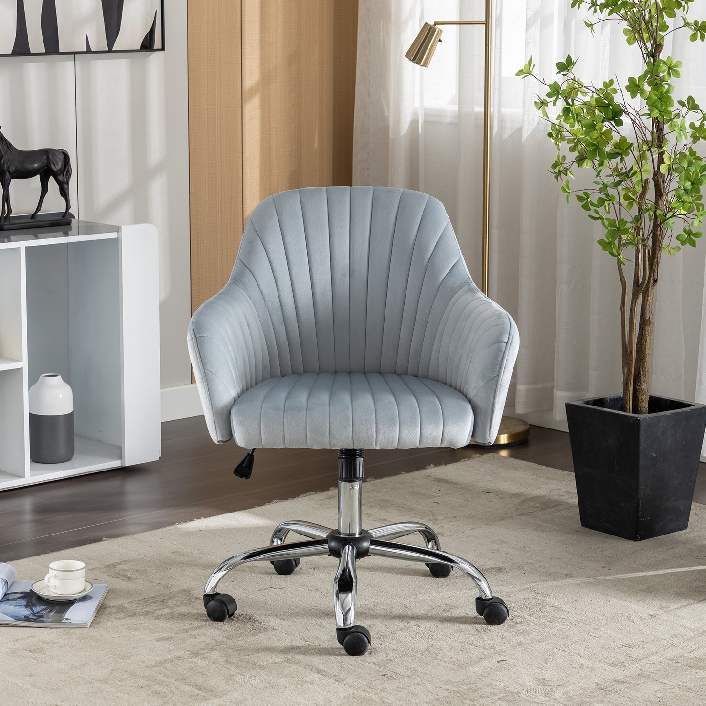 SYNGAR Office Desk Chair with Adjustable Height, Modern Arms Chair Office Chair Mid Back Soft Velvet Swivel Computer Home Task Chairs Ergonomic Executive Chair with Armrests, Light Gray