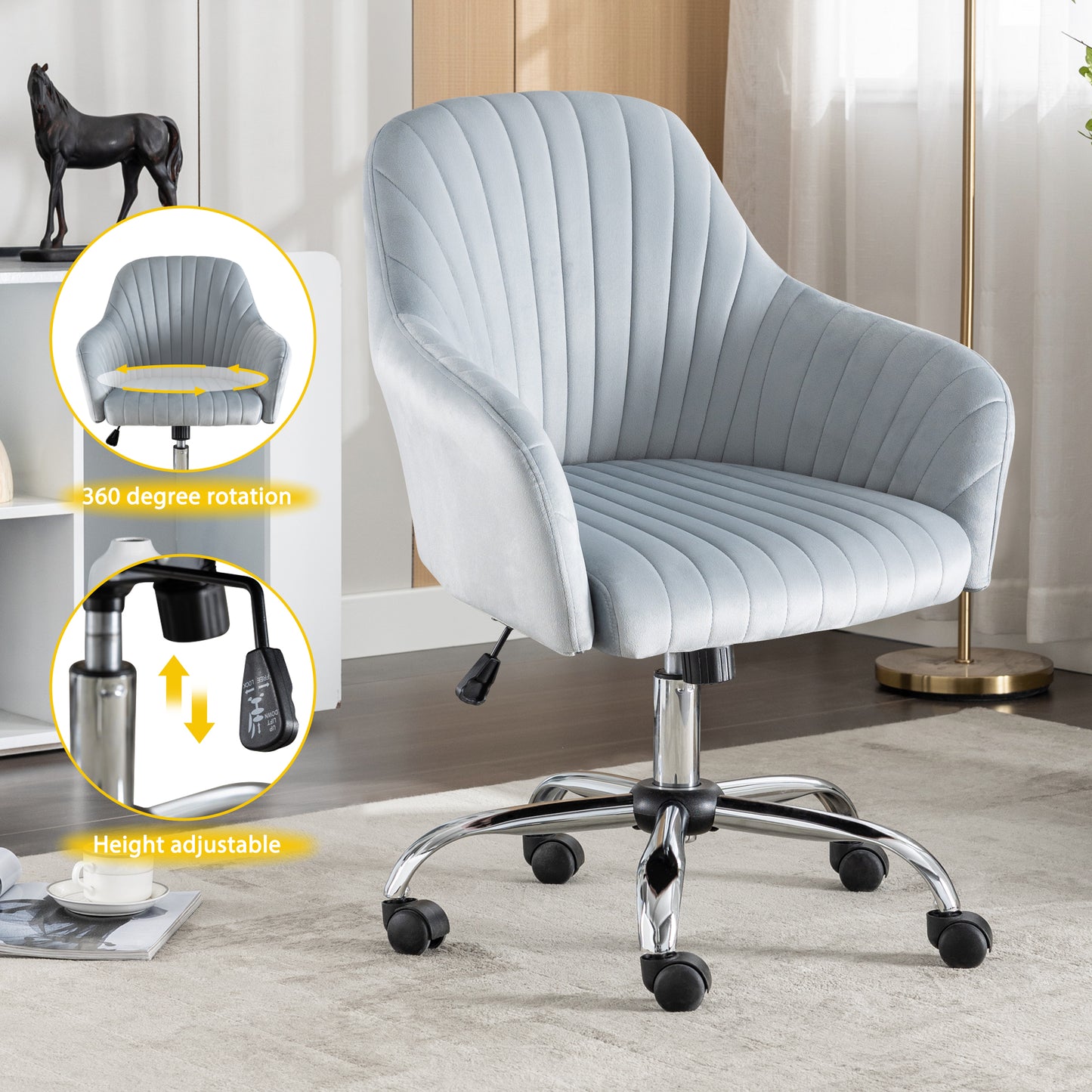 SYNGAR Office Desk Chair with Adjustable Height, Modern Arms Chair Office Chair Mid Back Soft Velvet Swivel Computer Home Task Chairs Ergonomic Executive Chair with Armrests, Light Gray