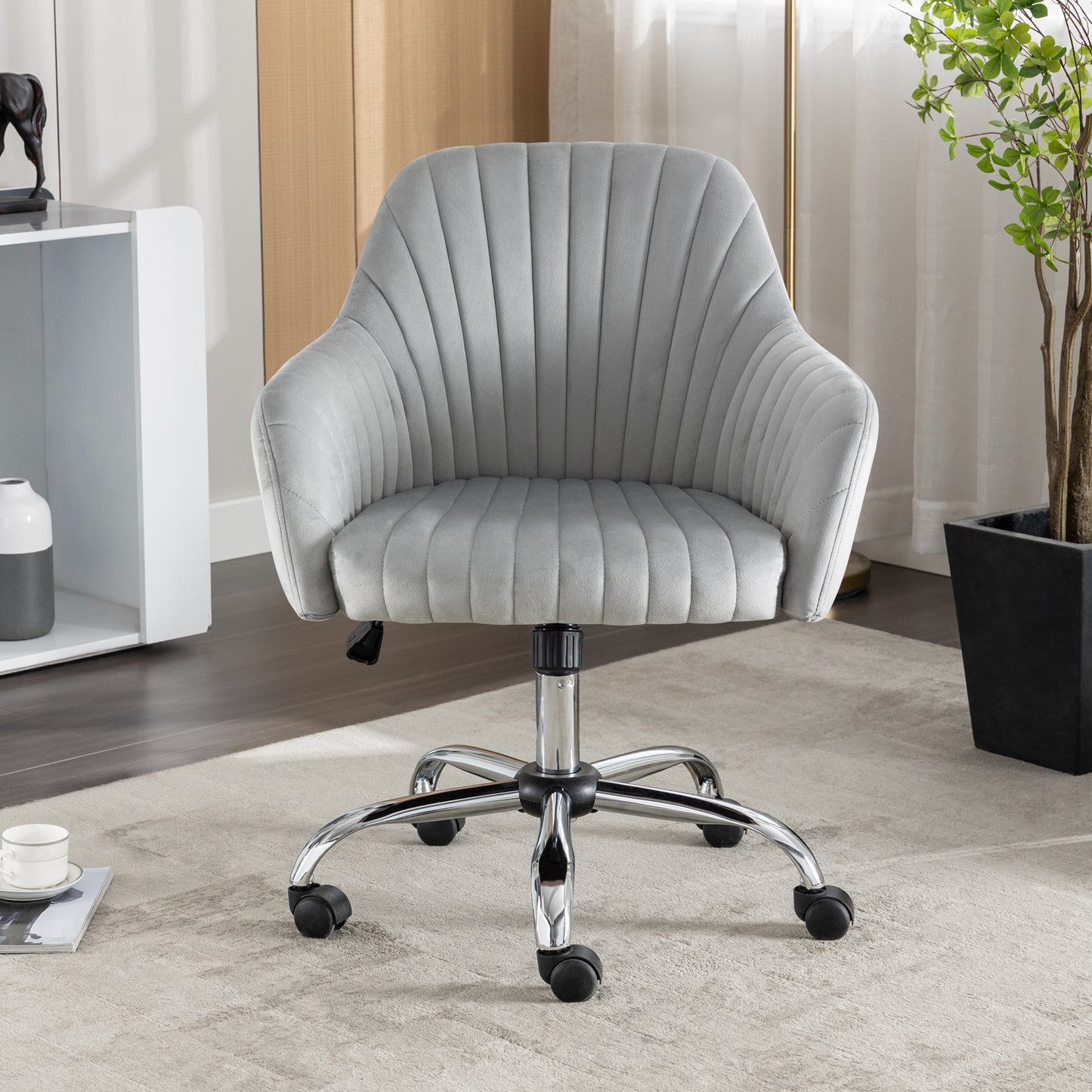SYNGAR Home Office Desk Chairs, Computer Desk Chair Modern Leisure Chair Velvet Chair with Adjustable Height, Comfortable Swivel Rolling Chair for Office Study Bedroom Living Room, Light Gray