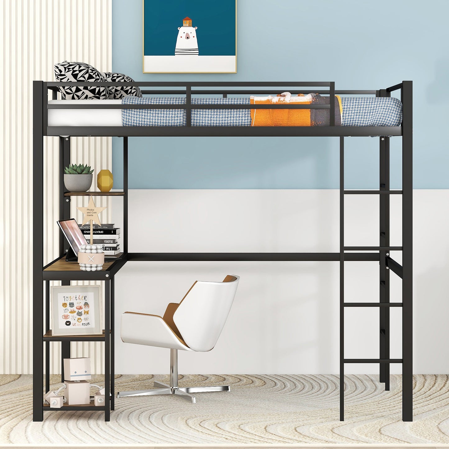 SYNGAR Full Loft Bed, New Upgraded Metal Bunk Bed with Long Desk & Shelves, Full Size Bed Frame No Box Spring Needed, Loft Bed with 2 Vertical Ladders, Full Bunk Bed Kids Bedroom Furniture, Black