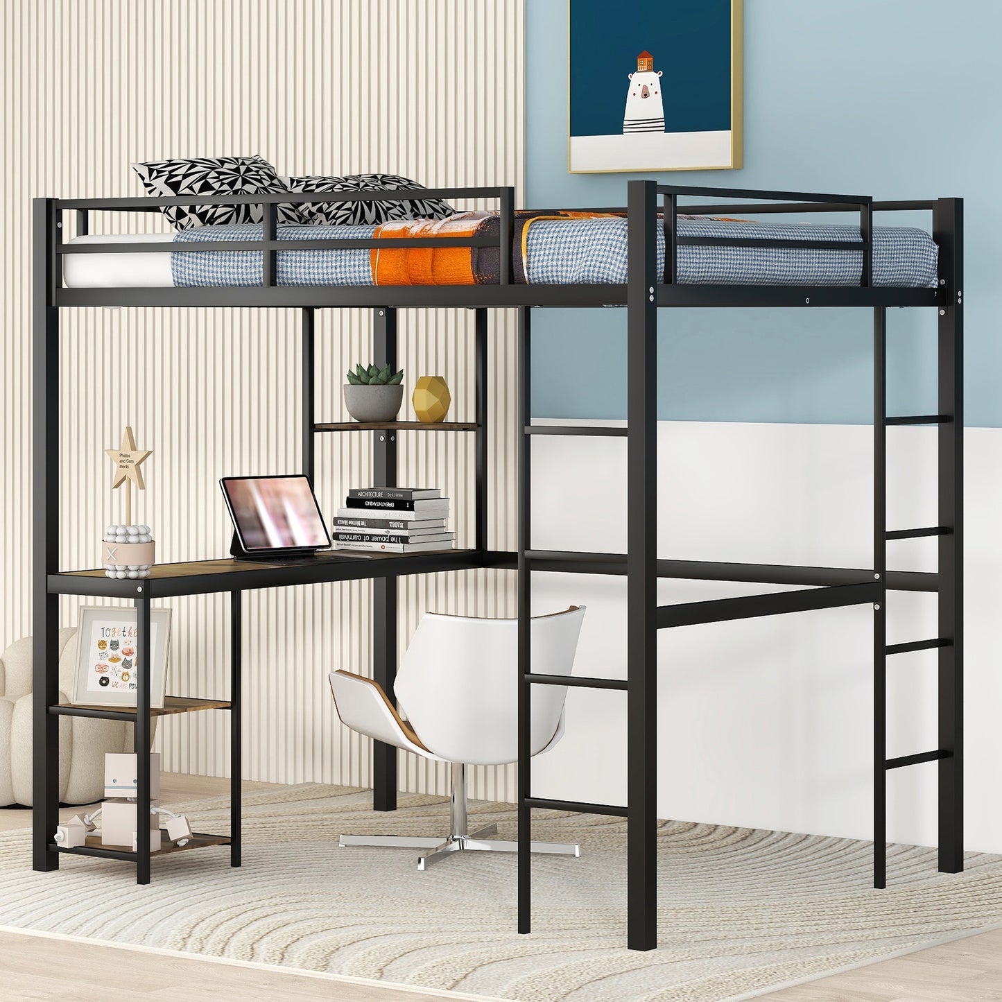 SYNGAR Full Loft Bed, New Upgraded Metal Bunk Bed with Long Desk & Shelves, Full Size Bed Frame No Box Spring Needed, Loft Bed with 2 Vertical Ladders, Full Bunk Bed Kids Bedroom Furniture, Black