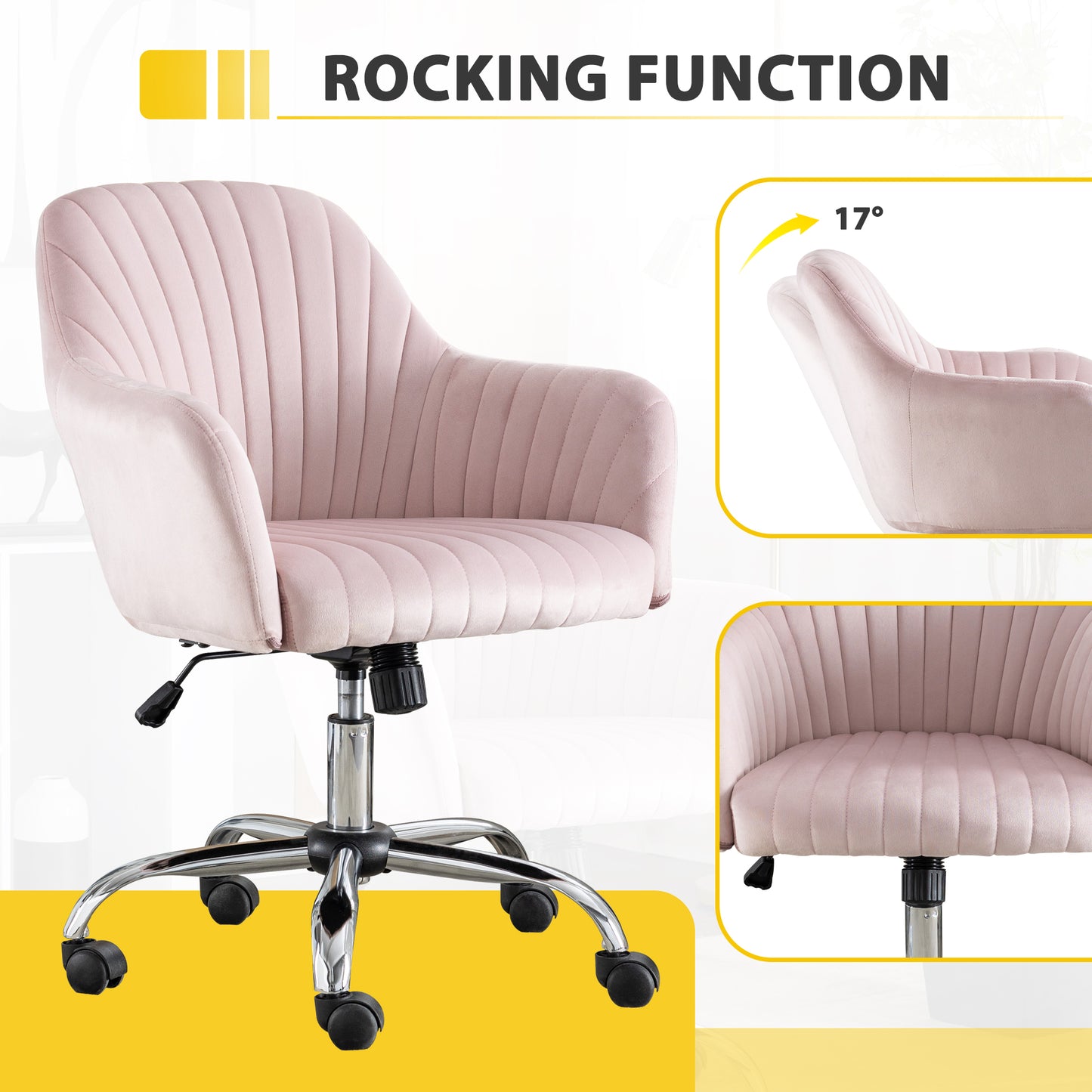 SYNGAR Office Desk Chair with Adjustable Height, Modern Arms Chair Office Chair Mid Back Soft Velvet Swivel Computer Home Task Chairs Ergonomic Executive Chair with Armrests, Pink