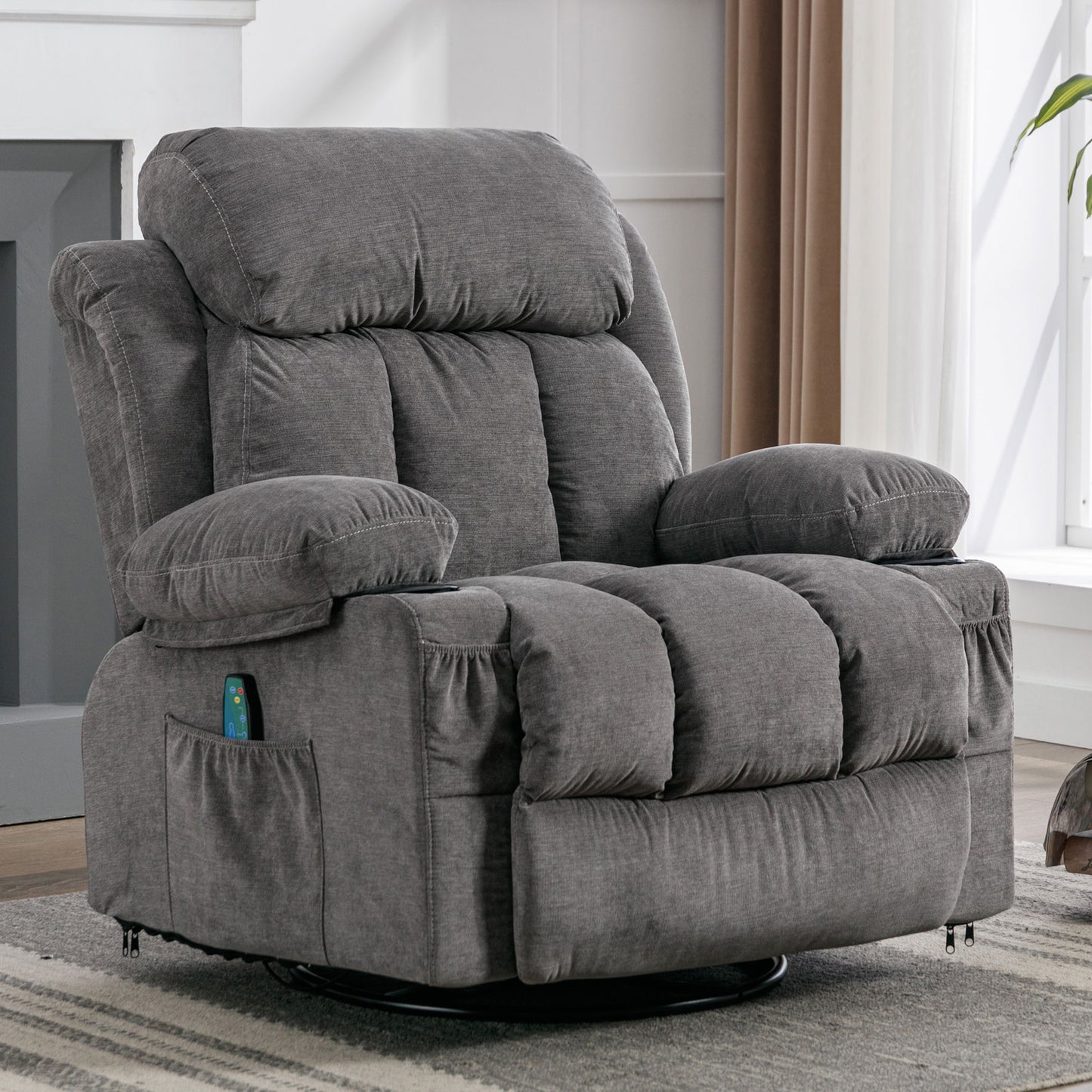 SYNGAR Manual Recliner Chair with Heat and Massage Function, USB and Cup Holders, Elderly Single Velvet Recliner Rocker Sofa Swivel Glider Chair for Nursery Living Room Home Theater Office, Gray