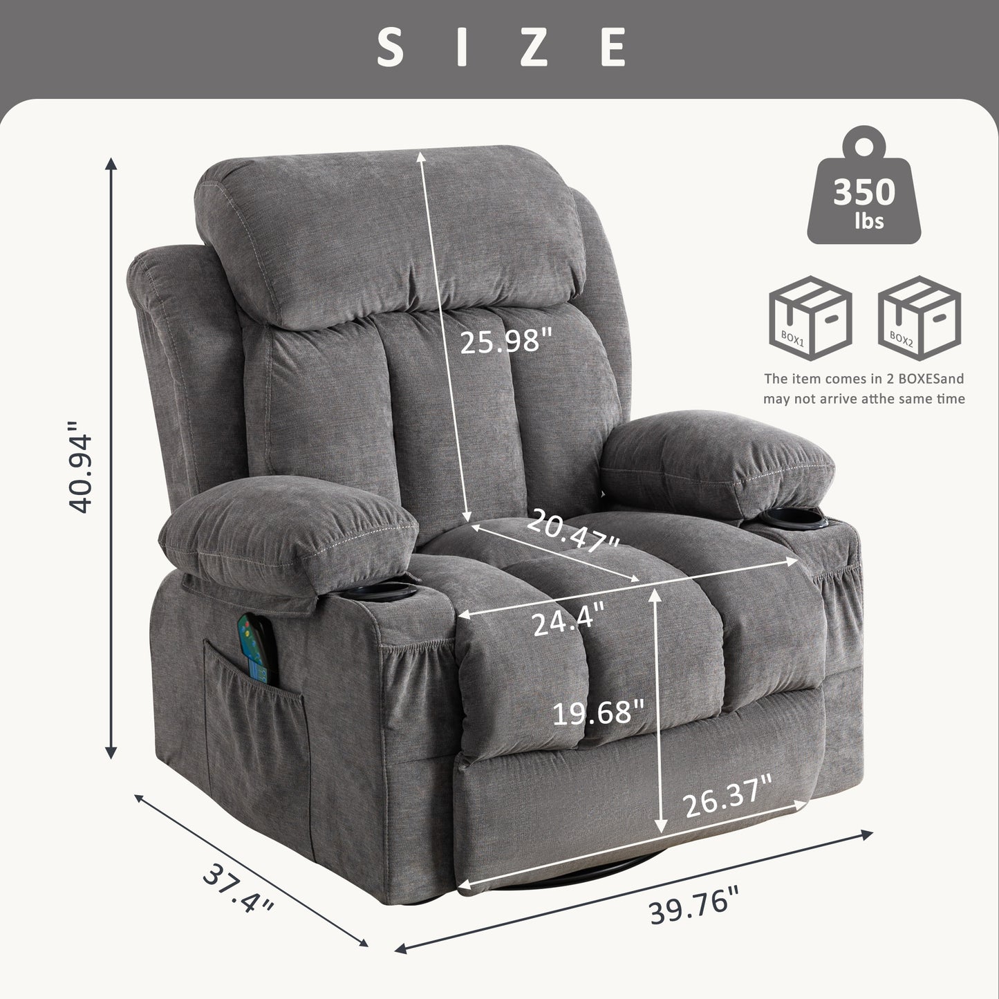 SYNGAR Manual Recliner Chair with Heat and Massage Function, USB and Cup Holders, Elderly Single Velvet Recliner Rocker Sofa Swivel Glider Chair for Nursery Living Room Home Theater Office, Gray