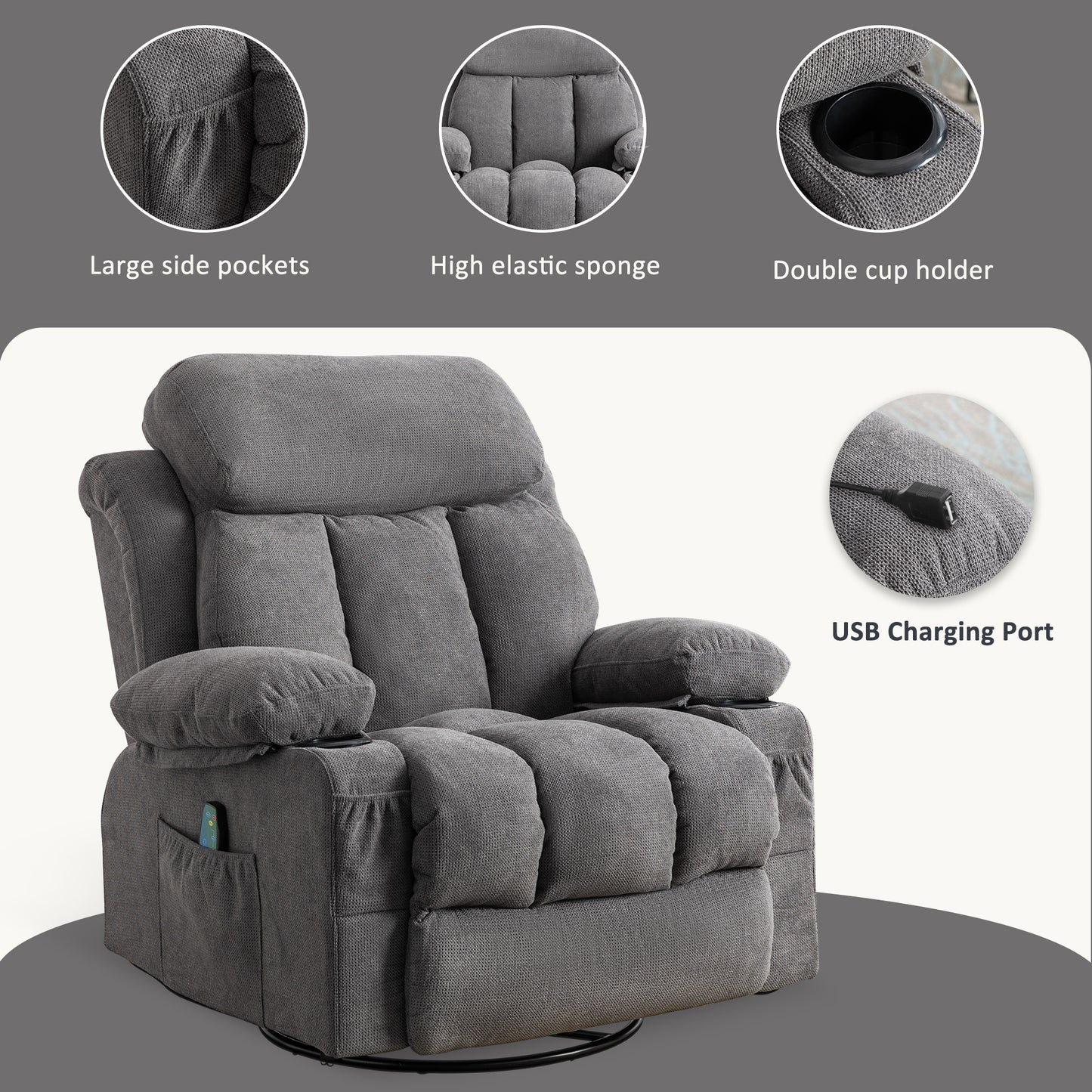 SYNGAR Recliner Sofa Chair with Heat and Massage Function, Manual Recliner Chair with USB and 2 Cup Holders, Velvet Rocker Single Sofa, Swivel Glider Chair for Nursery Bedroom Home Theater, Gray