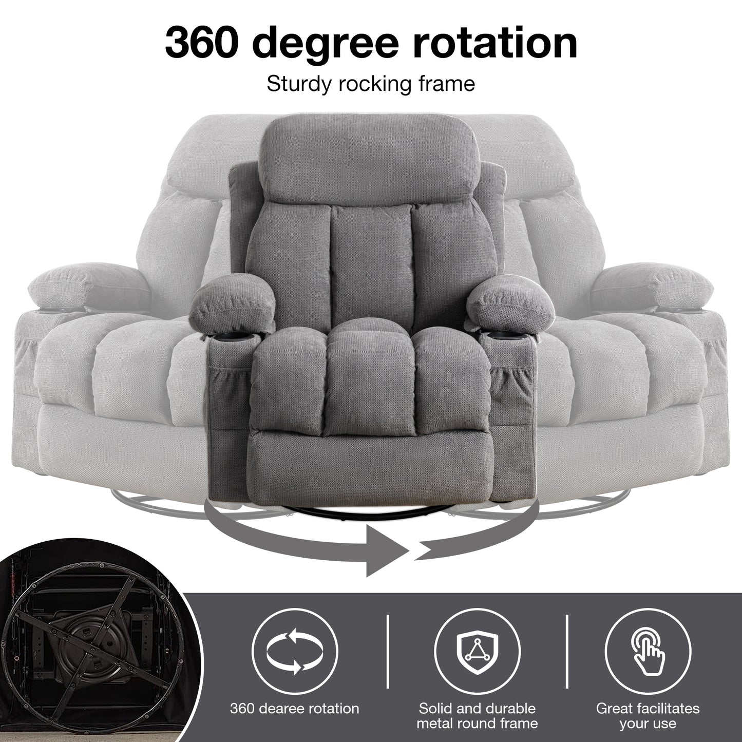 SYNGAR Recliner Sofa Chair with Heat and Massage Function, Manual Recliner Chair with USB and 2 Cup Holders, Velvet Rocker Single Sofa, Swivel Glider Chair for Nursery Bedroom Home Theater, Gray