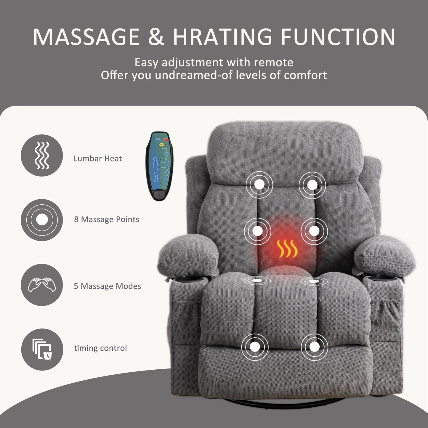 SYNGAR Recliner Sofa Chair with Heat and Massage Function, Manual Recliner Chair with USB and 2 Cup Holders, Velvet Rocker Single Sofa, Swivel Glider Chair for Nursery Bedroom Home Theater, Gray