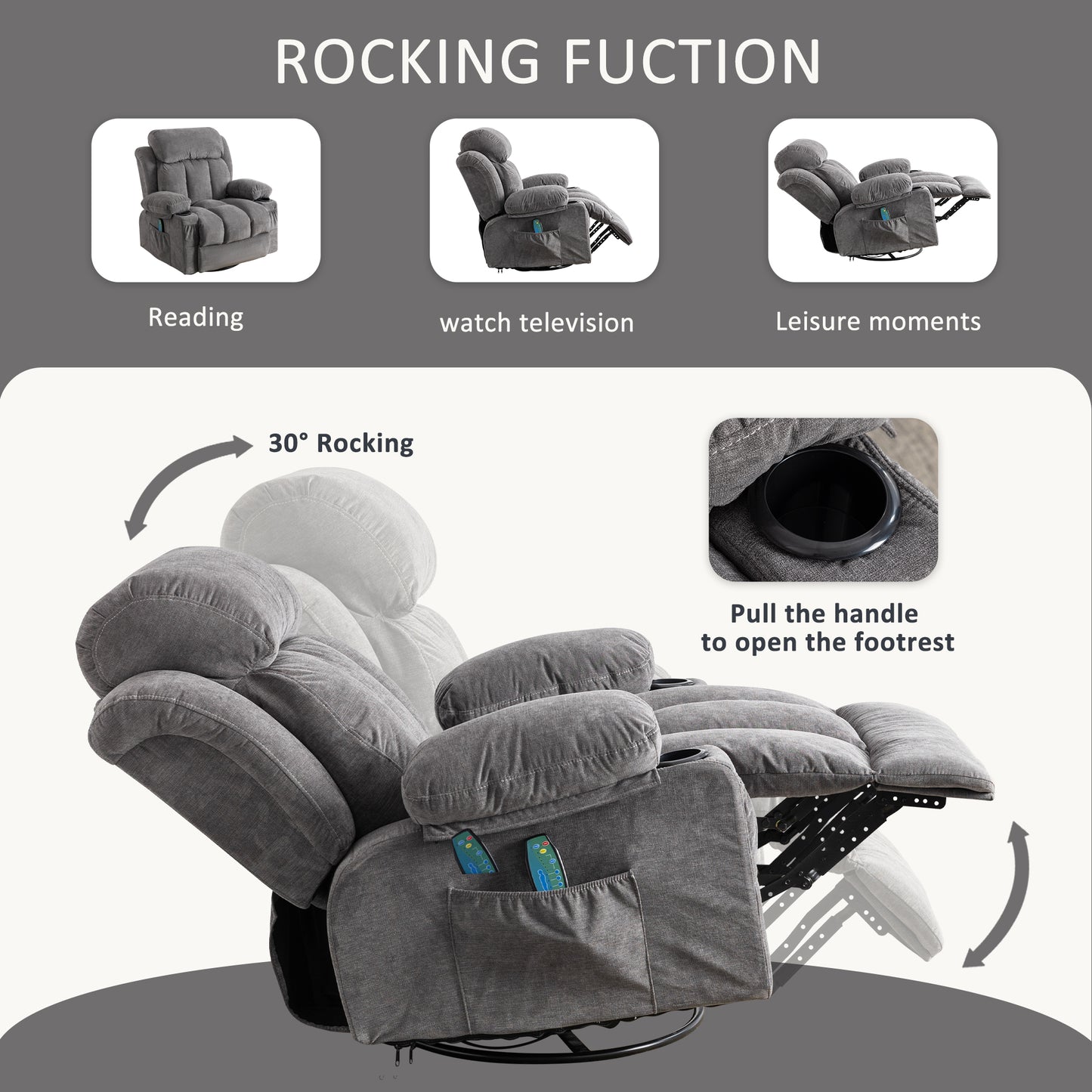 SYNGAR Manual Recliner Chair with Heat and Massage Function, USB and Cup Holders, Elderly Single Velvet Recliner Rocker Sofa Swivel Glider Chair for Nursery Living Room Home Theater Office, Gray