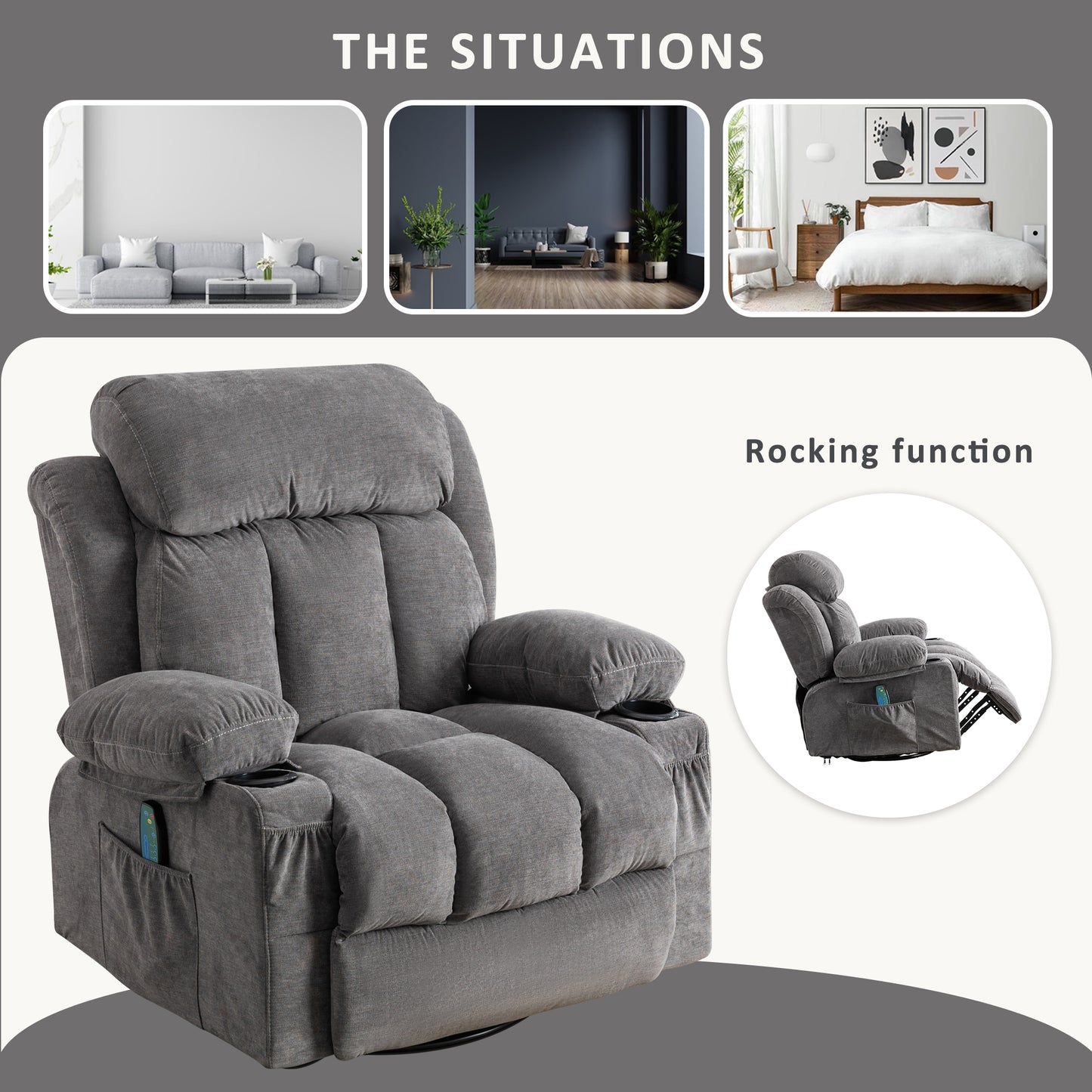 SYNGAR Manual Recliner Chair with Heat and Massage Function, USB and Cup Holders, Elderly Single Velvet Recliner Rocker Sofa Swivel Glider Chair for Nursery Living Room Home Theater Office, Gray
