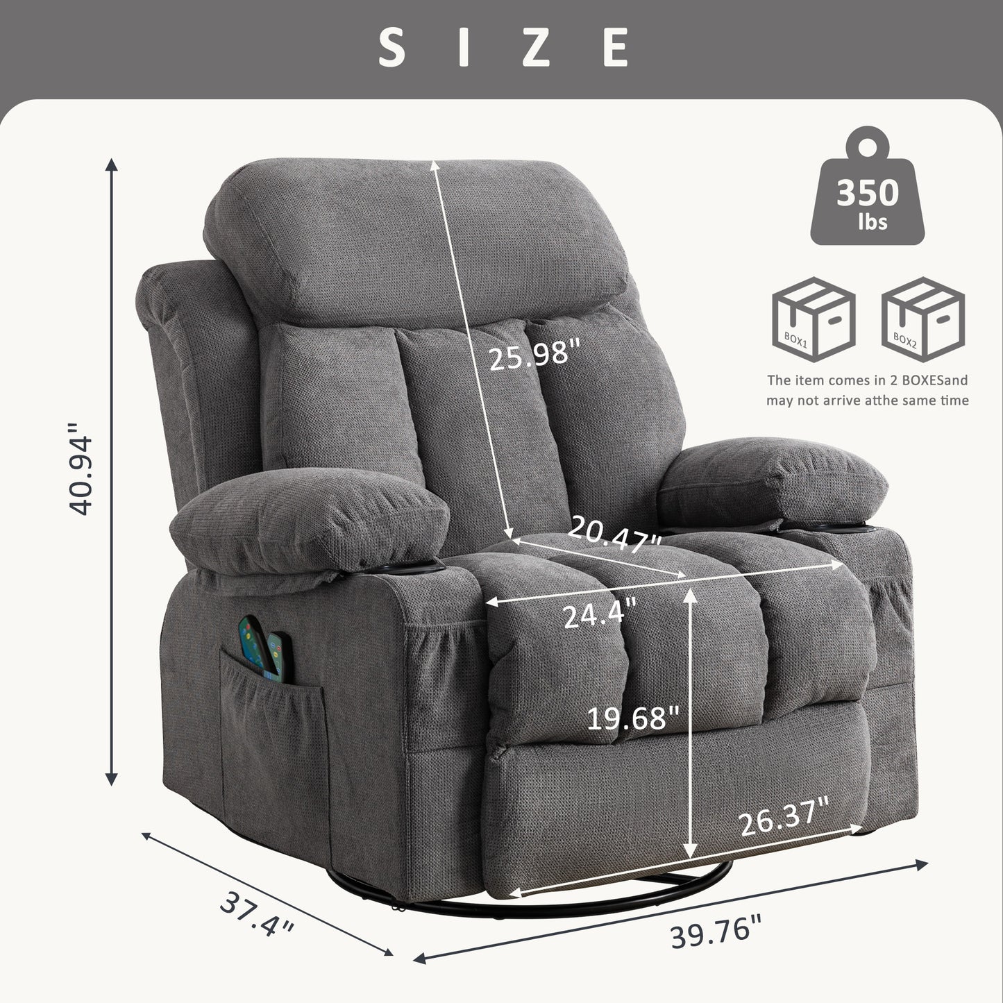 SYNGAR Recliner Sofa Chair with Heat and Massage Function, Manual Recliner Chair with USB and 2 Cup Holders, Velvet Rocker Single Sofa, Swivel Glider Chair for Nursery Bedroom Home Theater, Gray