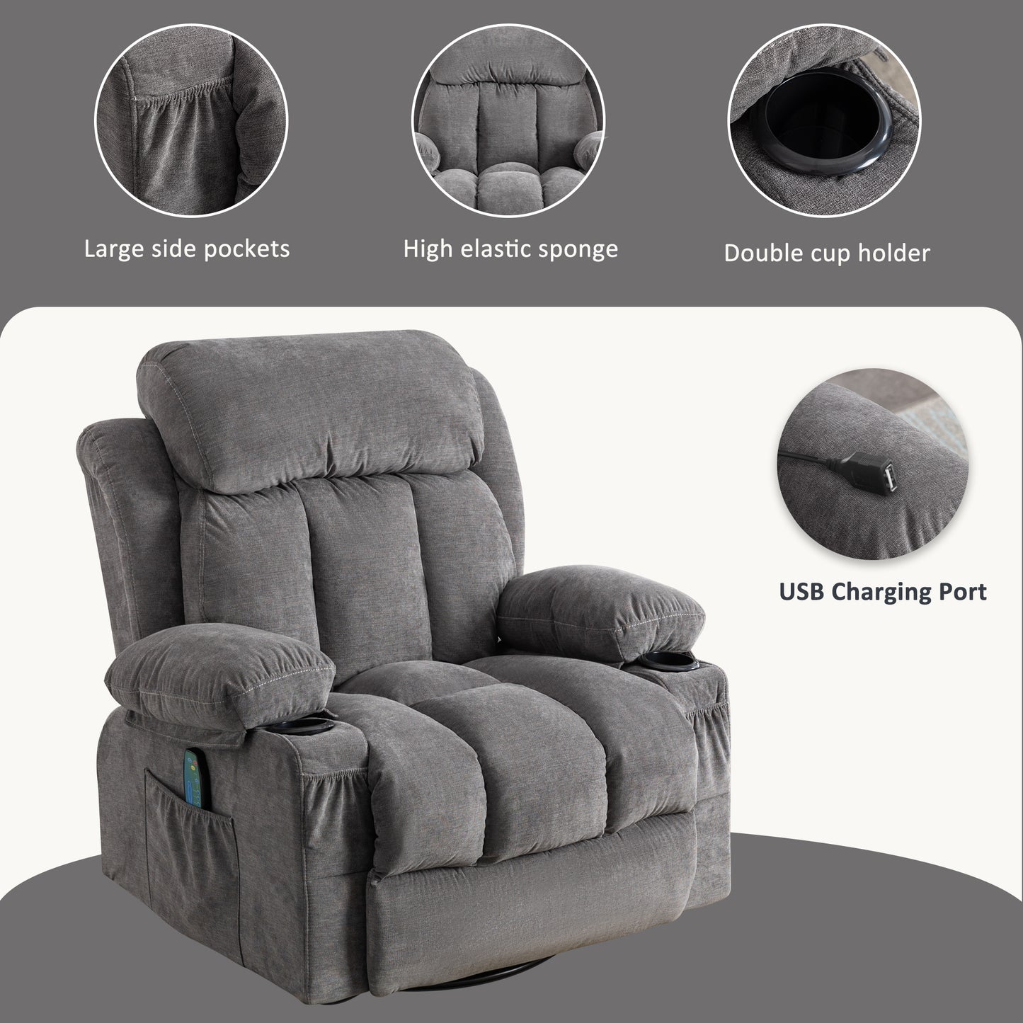 SYNGAR Manual Recliner Chair with Heat and Massage Function, USB and Cup Holders, Elderly Single Velvet Recliner Rocker Sofa Swivel Glider Chair for Nursery Living Room Home Theater Office, Gray