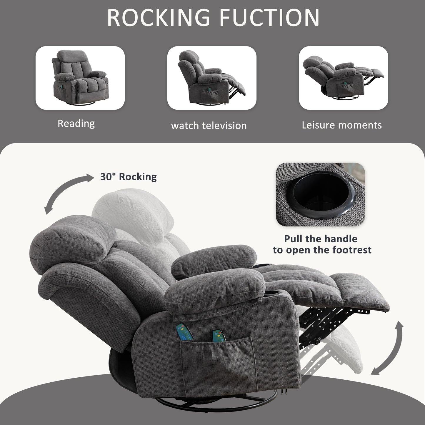 SYNGAR Recliner Sofa Chair with Heat and Massage Function, Manual Recliner Chair with USB and 2 Cup Holders, Velvet Rocker Single Sofa, Swivel Glider Chair for Nursery Bedroom Home Theater, Gray
