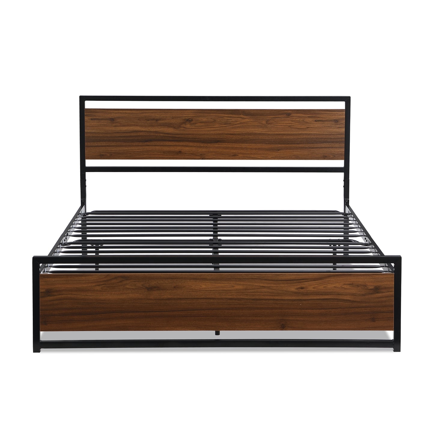 SYNGAR Black Iron Platform Bed Frame Full Size With Wooden Headboard and Footboard, New Upgrade Metal Legs Design, Industrial Full Bed Frame with Strong Slat Support