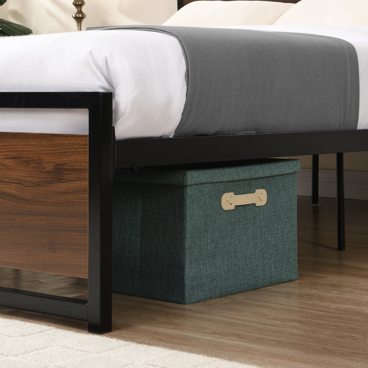 SYNGAR Black Iron Platform Bed Frame Full Size With Wooden Headboard and Footboard, New Upgrade Metal Legs Design, Industrial Full Bed Frame with Strong Slat Support