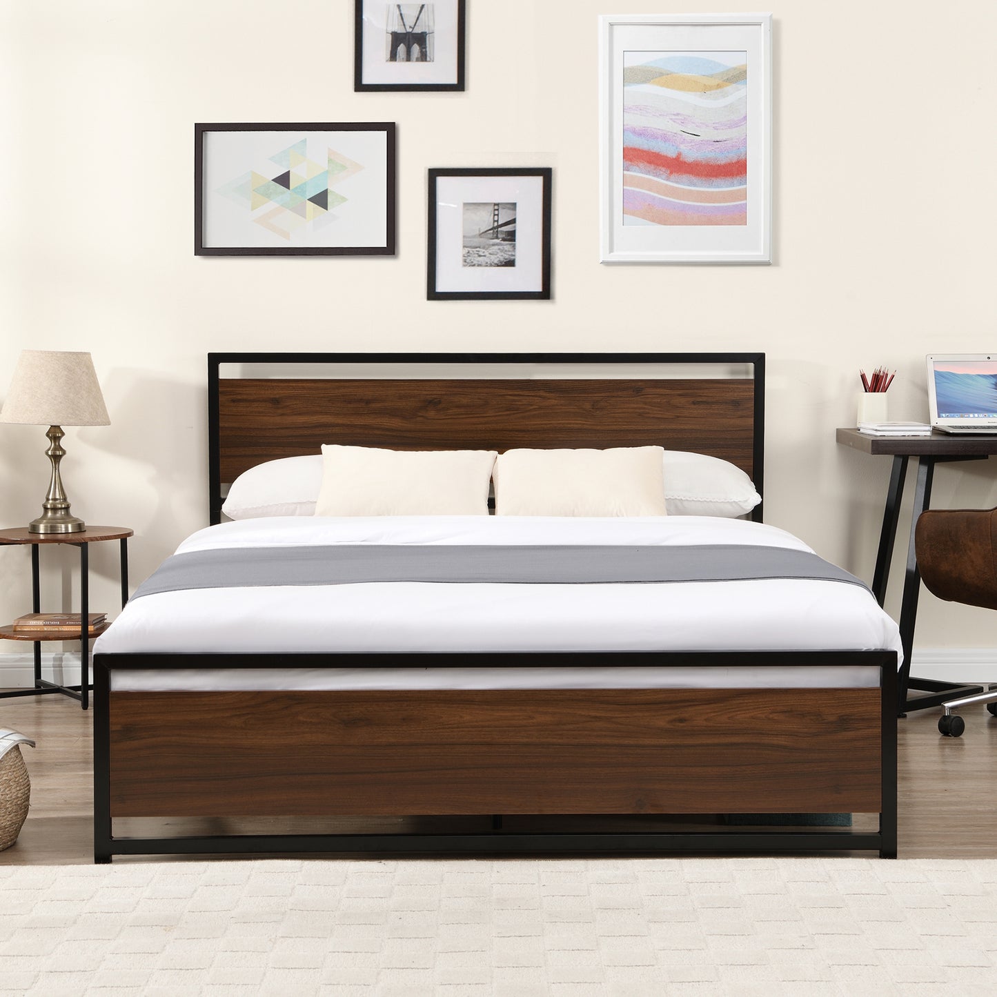 SYNGAR Black Iron Platform Bed Frame Full Size With Wooden Headboard and Footboard, New Upgrade Metal Legs Design, Industrial Full Bed Frame with Strong Slat Support