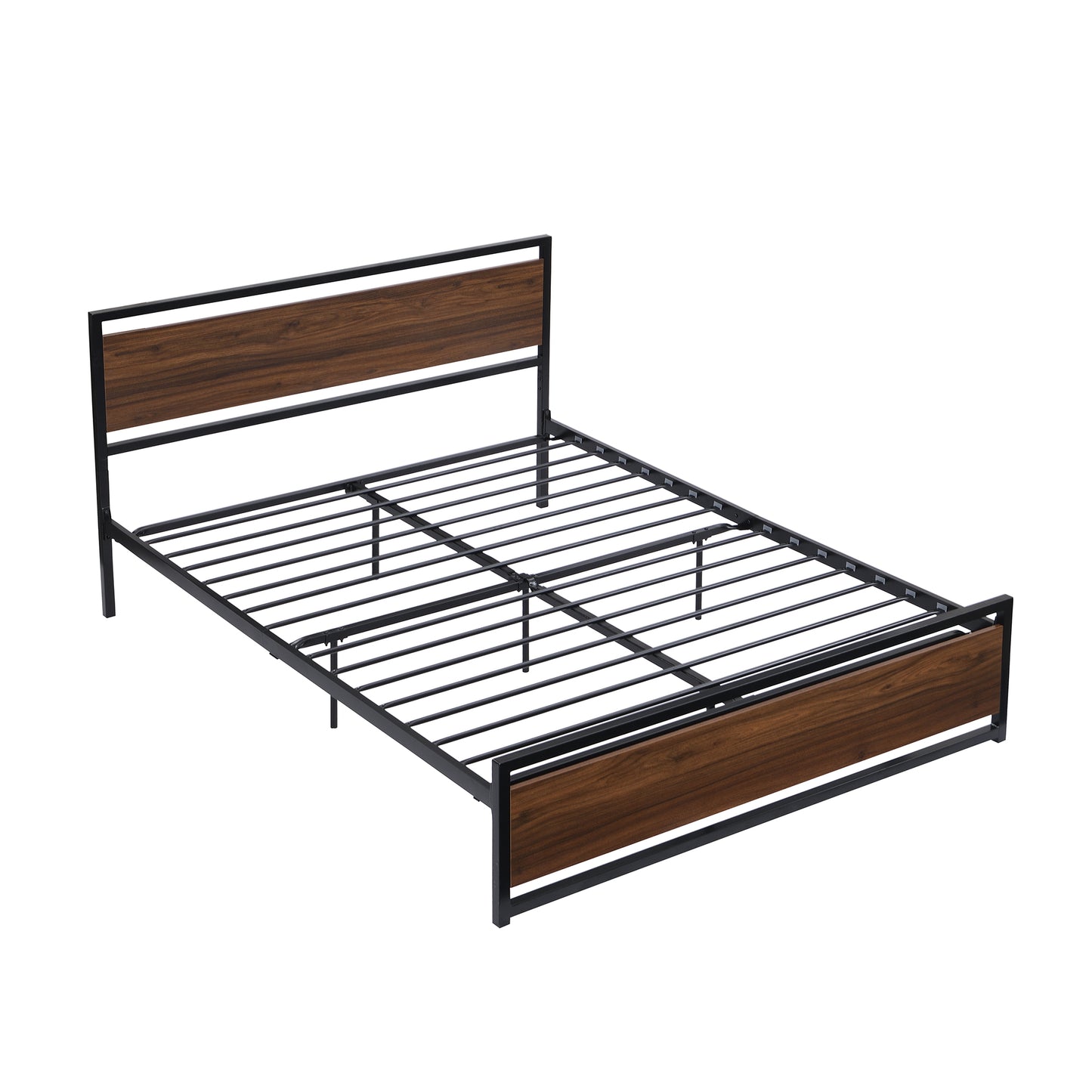 SYNGAR Black Iron Platform Bed Frame Full Size With Wooden Headboard and Footboard, New Upgrade Metal Legs Design, Industrial Full Bed Frame with Strong Slat Support