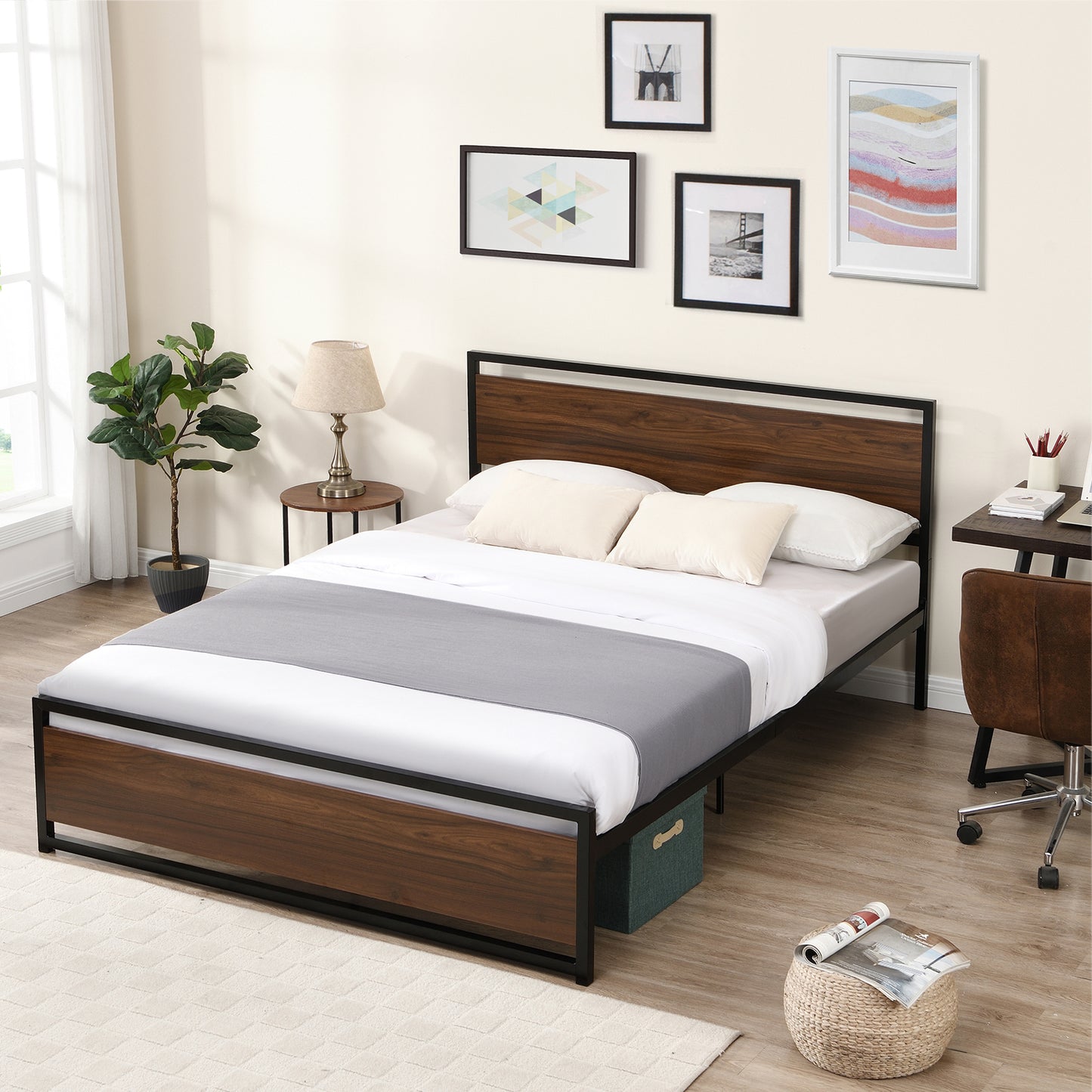 SYNGAR Black Iron Platform Bed Frame Full Size With Wooden Headboard and Footboard, New Upgrade Metal Legs Design, Industrial Full Bed Frame with Strong Slat Support