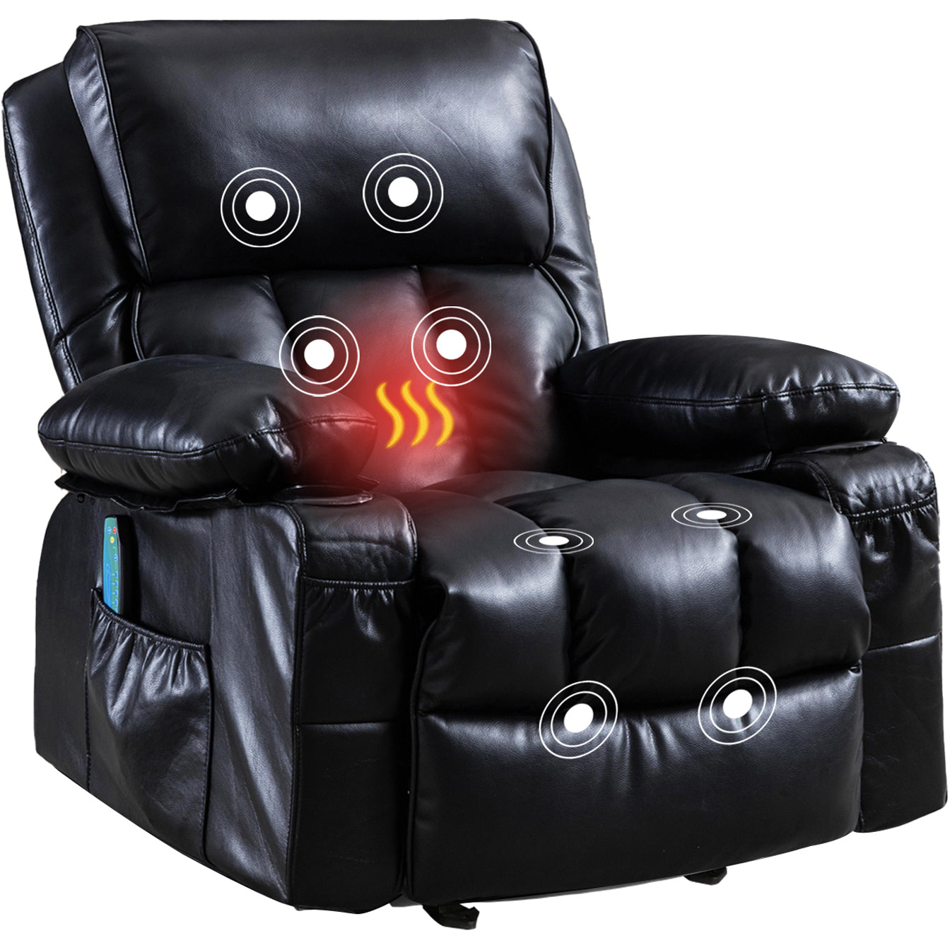 SYNGAR Manual Recliner Chair with Heat and Vibration Massage, Faux Leather Elderly Single Reclining Rocker Sofa with USB Charge Port, Cup Holders and Side Pocket for Bedroom Home Theater, Black