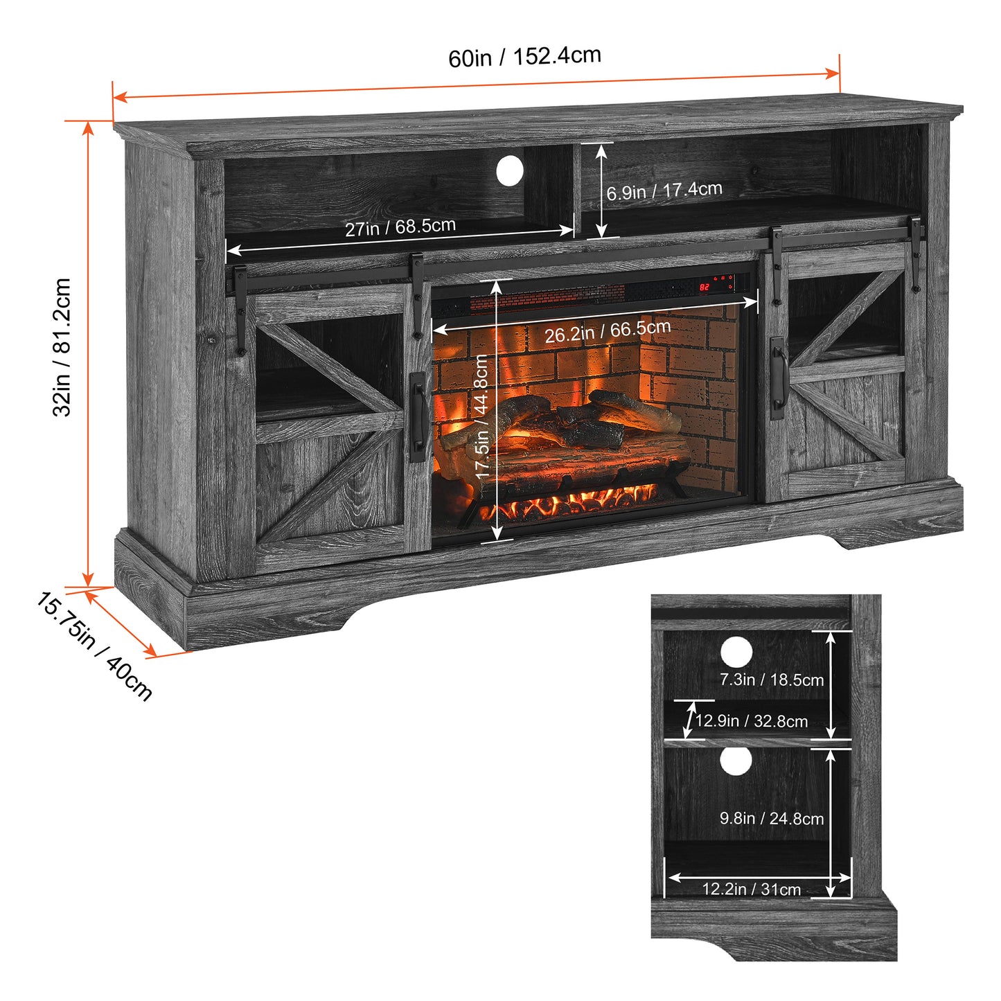 SYNGAR TV Stand with Fireplace for 60" TV, Modern TV Console Entertainment Center with Remote Control Fireplace, Wood+Stainless Steel TV Cabinet With Doors for Living Room, Oak