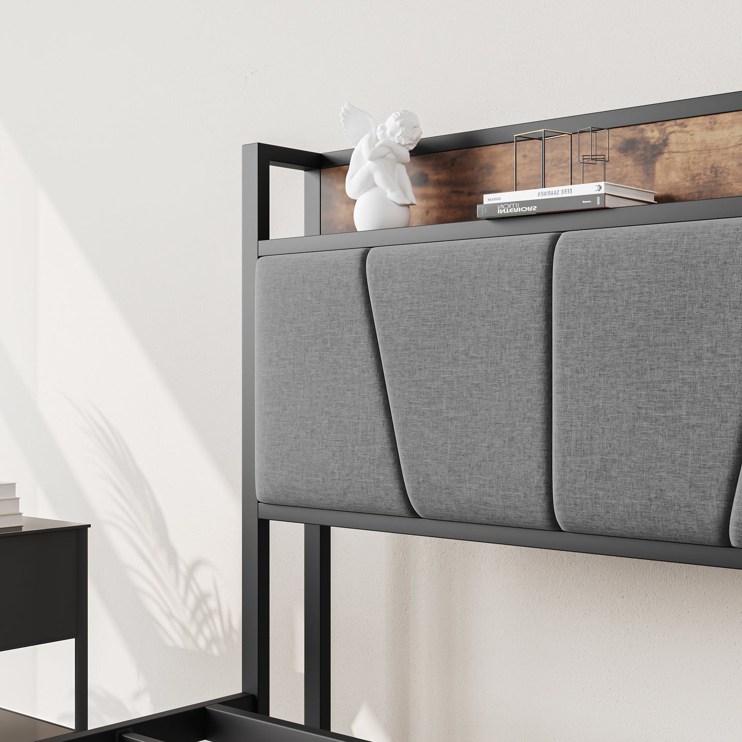 SYNGAR Platform Bed Frame Full Size with Storage Headboard, 2 Charging Outlets and USB Ports, Industrial Metal Full Bed Frame with Strong Slat Support, No Box Spring Needed, Rustic Brown