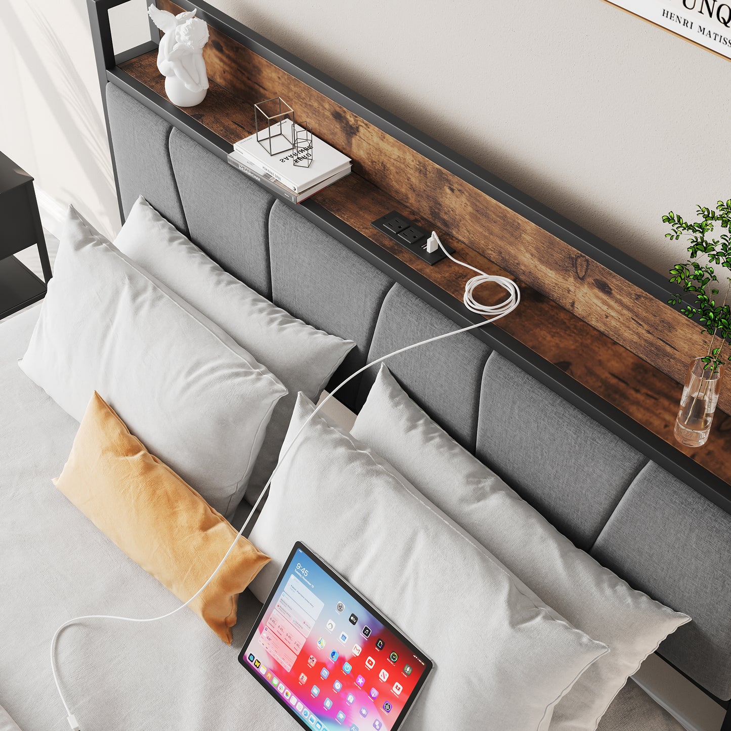 SYNGAR Platform Bed Frame Full Size with Storage Headboard, 2 Charging Outlets and USB Ports, Industrial Metal Full Bed Frame with Strong Slat Support, No Box Spring Needed, Rustic Brown