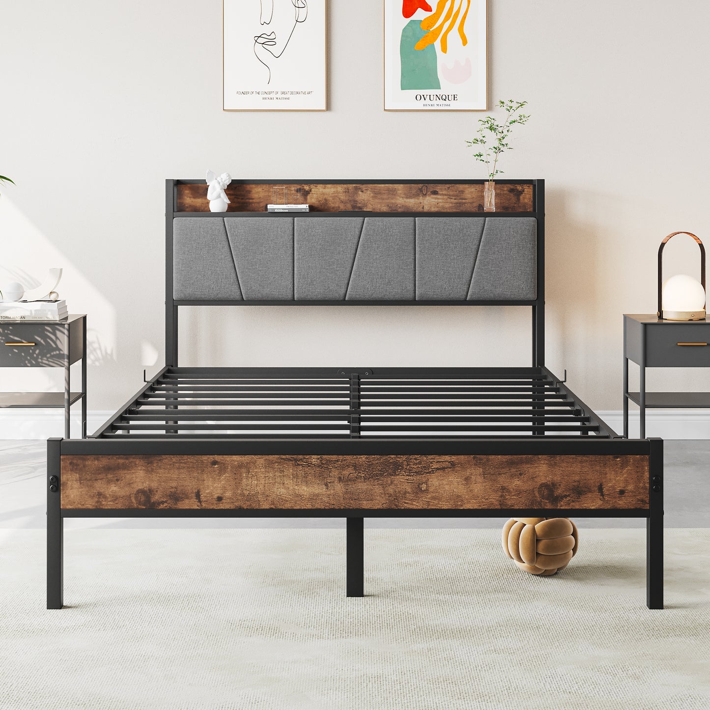 SYNGAR Platform Bed Frame Full Size with Storage Headboard, 2 Charging Outlets and USB Ports, Industrial Metal Full Bed Frame with Strong Slat Support, No Box Spring Needed, Rustic Brown