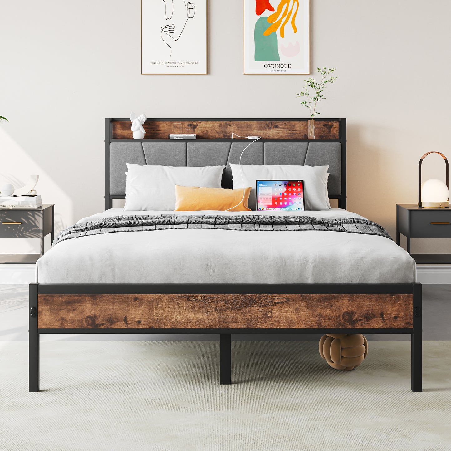 SYNGAR Platform Bed Frame Full Size with Storage Headboard, 2 Charging Outlets and USB Ports, Industrial Metal Full Bed Frame with Strong Slat Support, No Box Spring Needed, Rustic Brown