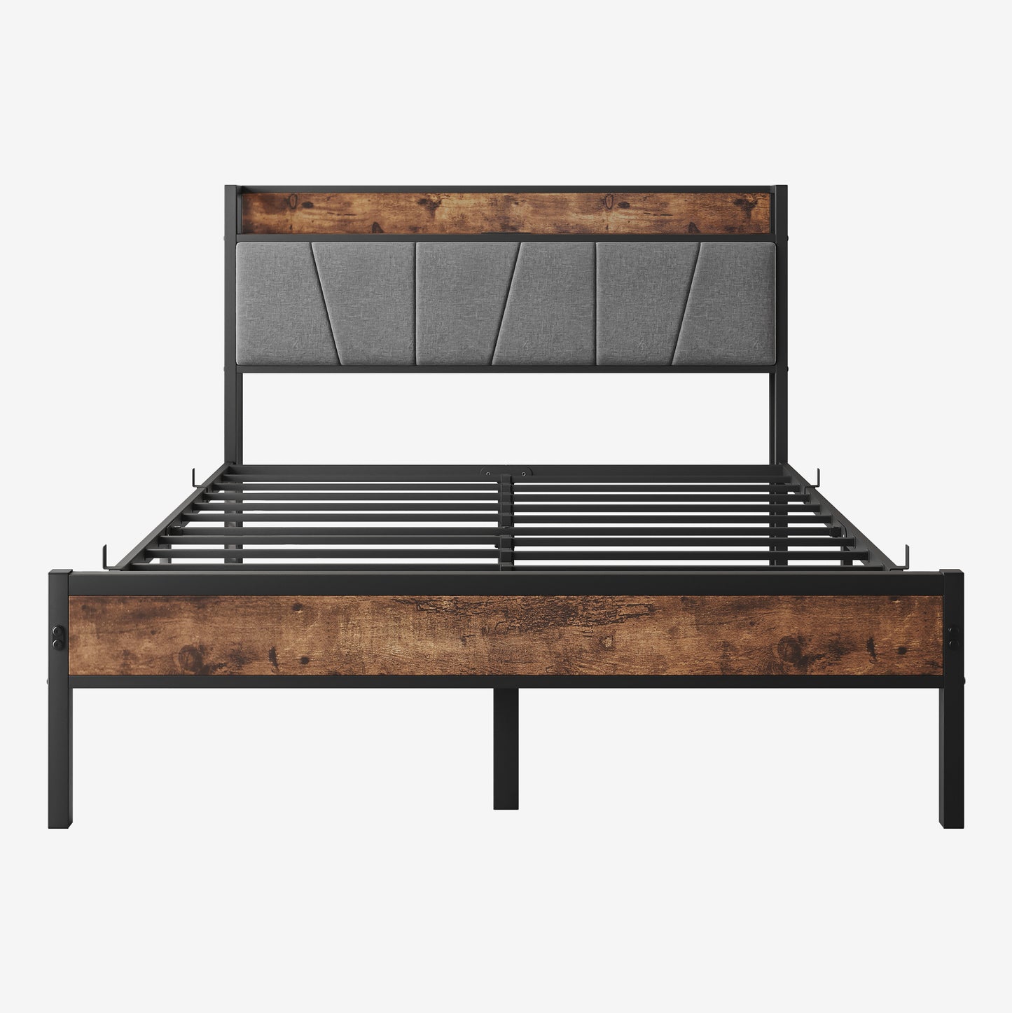 SYNGAR Platform Bed Frame Full Size with Storage Headboard, 2 Charging Outlets and USB Ports, Industrial Metal Full Bed Frame with Strong Slat Support, No Box Spring Needed, Rustic Brown