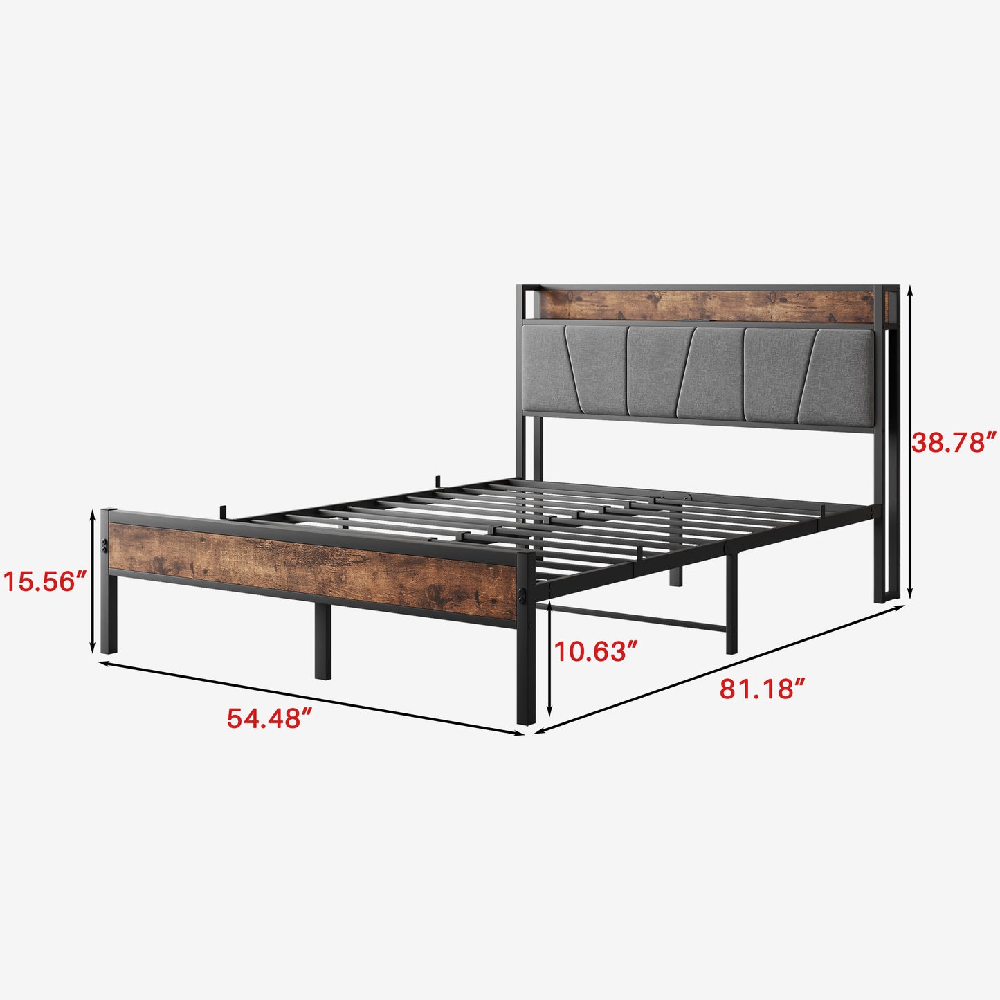 SYNGAR Platform Bed Frame Full Size with Storage Headboard, 2 Charging Outlets and USB Ports, Industrial Metal Full Bed Frame with Strong Slat Support, No Box Spring Needed, Rustic Brown