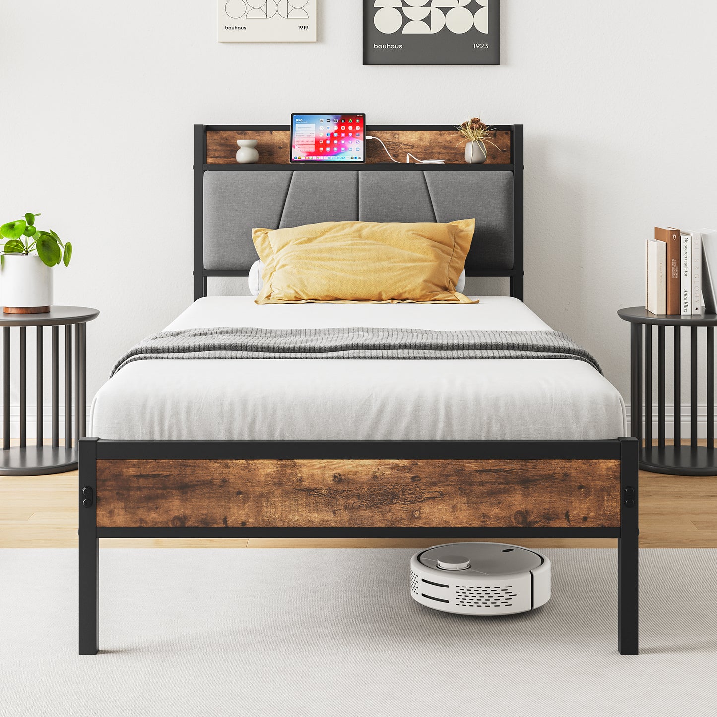 SYNGAR Platform Bed Frame Full Size with Storage Headboard, 2 Charging Outlets and USB Ports, Industrial Metal Full Bed Frame with Strong Slat Support, No Box Spring Needed, Rustic Brown