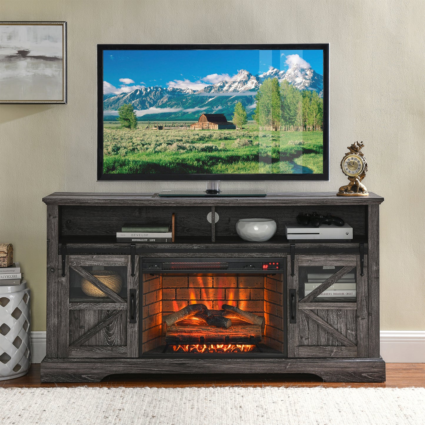SYNGAR TV Stand with Fireplace for 60" TV, Modern TV Console Entertainment Center with Remote Control Fireplace, Wood+Stainless Steel TV Cabinet With Doors for Living Room, Oak