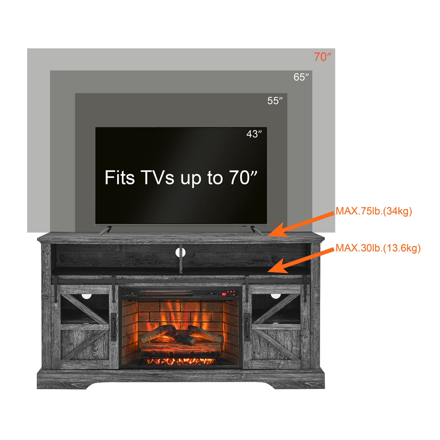 SYNGAR TV Stand with Fireplace for 60" TV, Modern TV Console Entertainment Center with Remote Control Fireplace, Wood+Stainless Steel TV Cabinet With Doors for Living Room, Oak