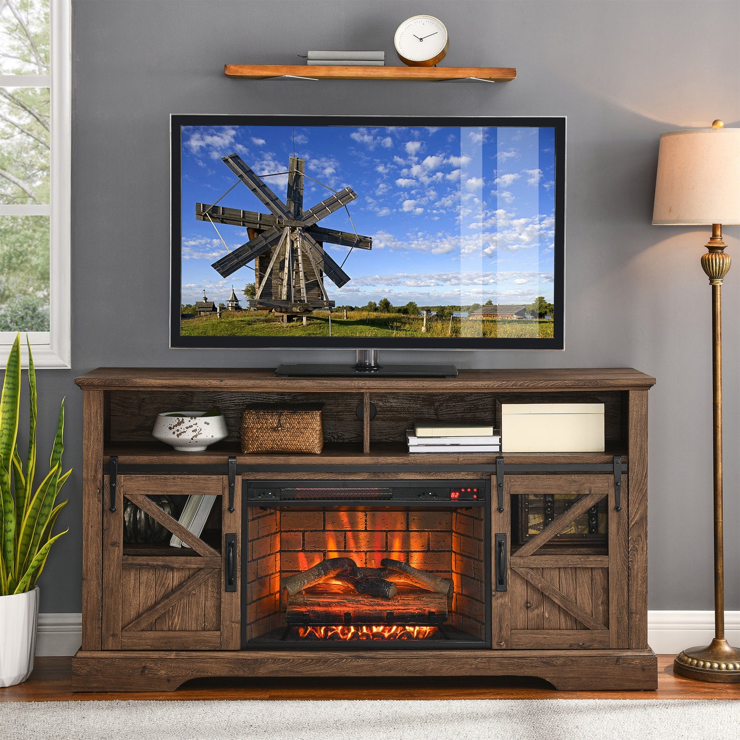 SYNGAR TV Stand with Fireplace for 60" TV, Modern TV Console Entertainment Center with Remote Control Fireplace, Wood+Stainless Steel TV Cabinet With Doors for Living Room, Oak
